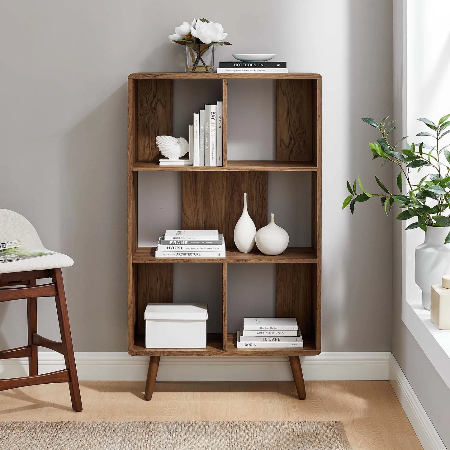 Transmit 5-Shelf Wood Grain Bookcase – Stylish Storage for Living Room or Office