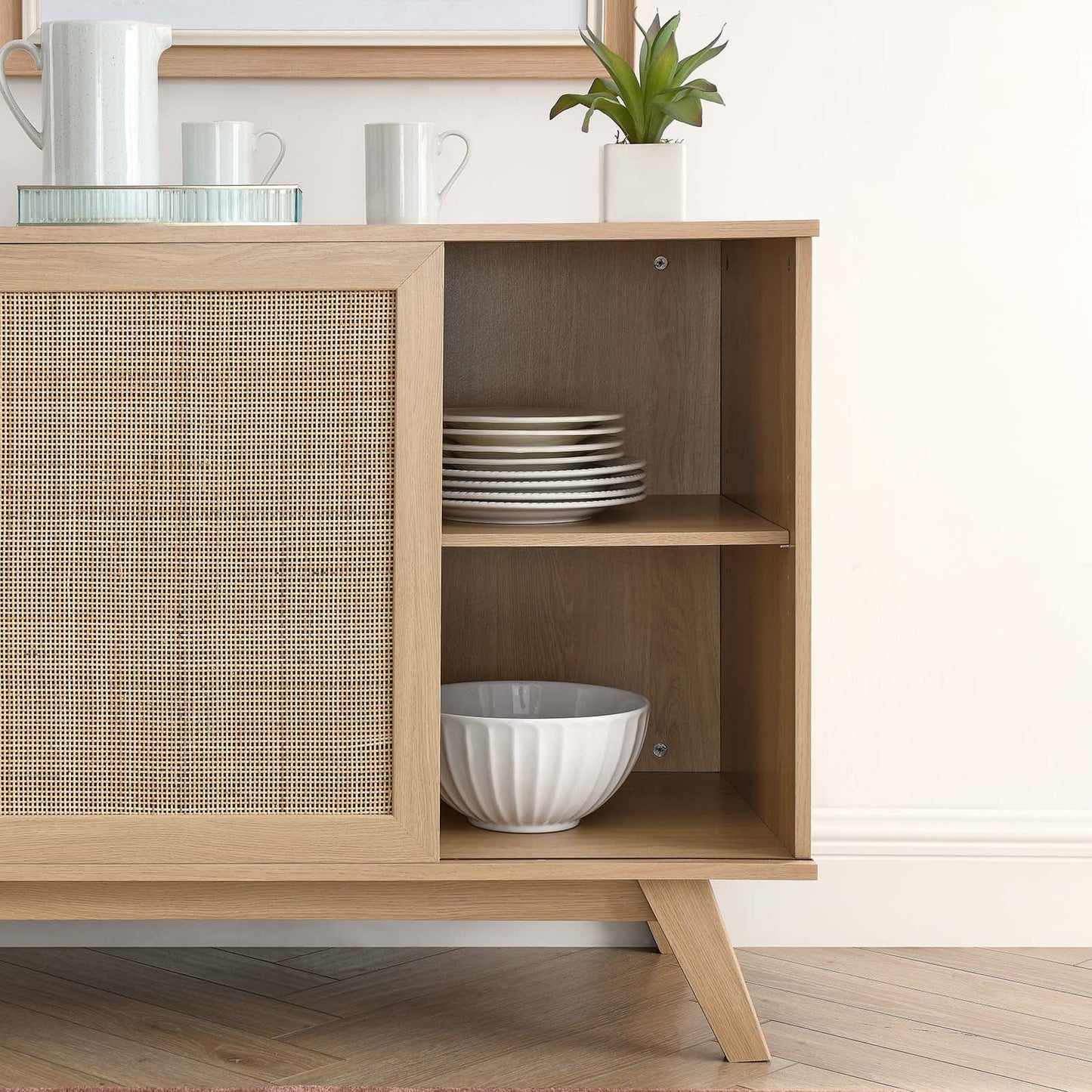 Soma 40" Modern Accent Cabinet with Rattan Weave Doors, Storage Drawers, and Chic Design