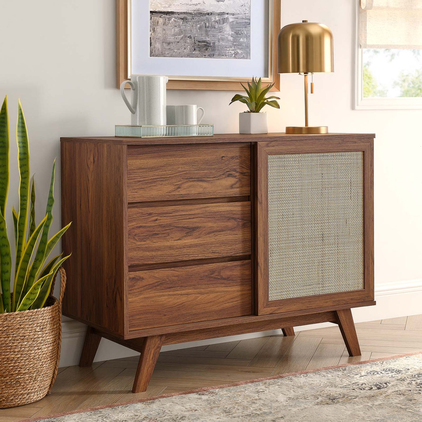 Soma 40" Modern Accent Cabinet with Rattan Weave Doors, Storage Drawers, and Chic Design