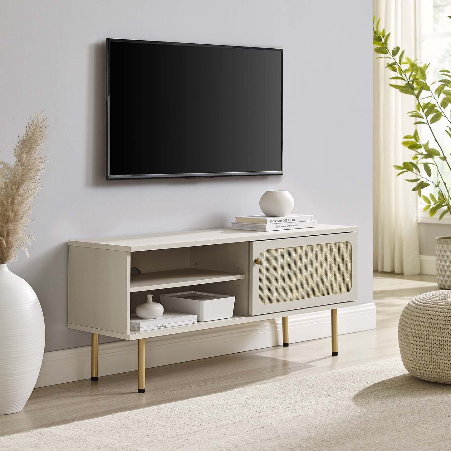Cambria 47" Modern TV Stand – Rattan Weave, Cable Management & Chic Metal Legs for Versatile Spaces