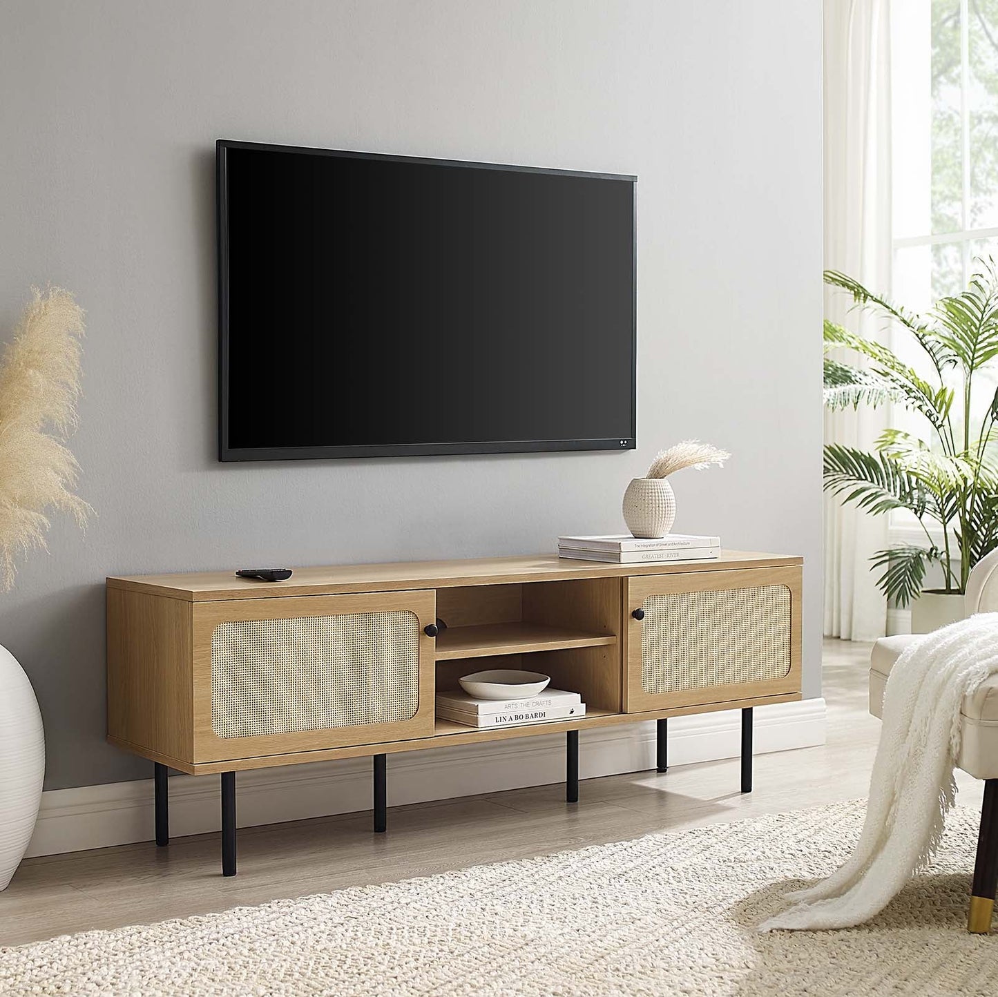 Cambria 60" Modern TV Stand – Rattan Weave, Sliding Doors & Cable Management for Elegant Storage