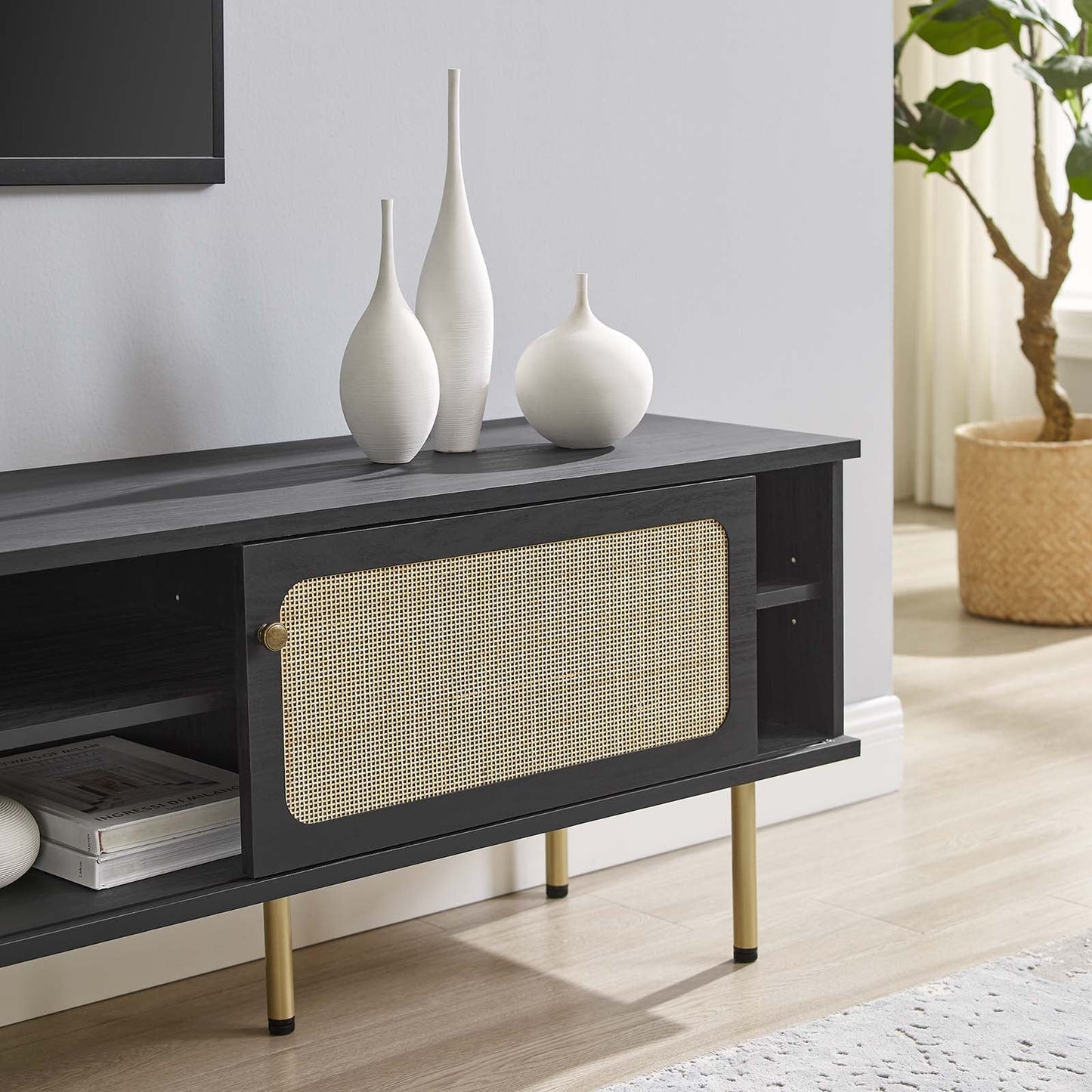 Cambria 70" TV Stand with Rattan Weave, Sliding Doors, and Cable Management for Contemporary Living Spaces