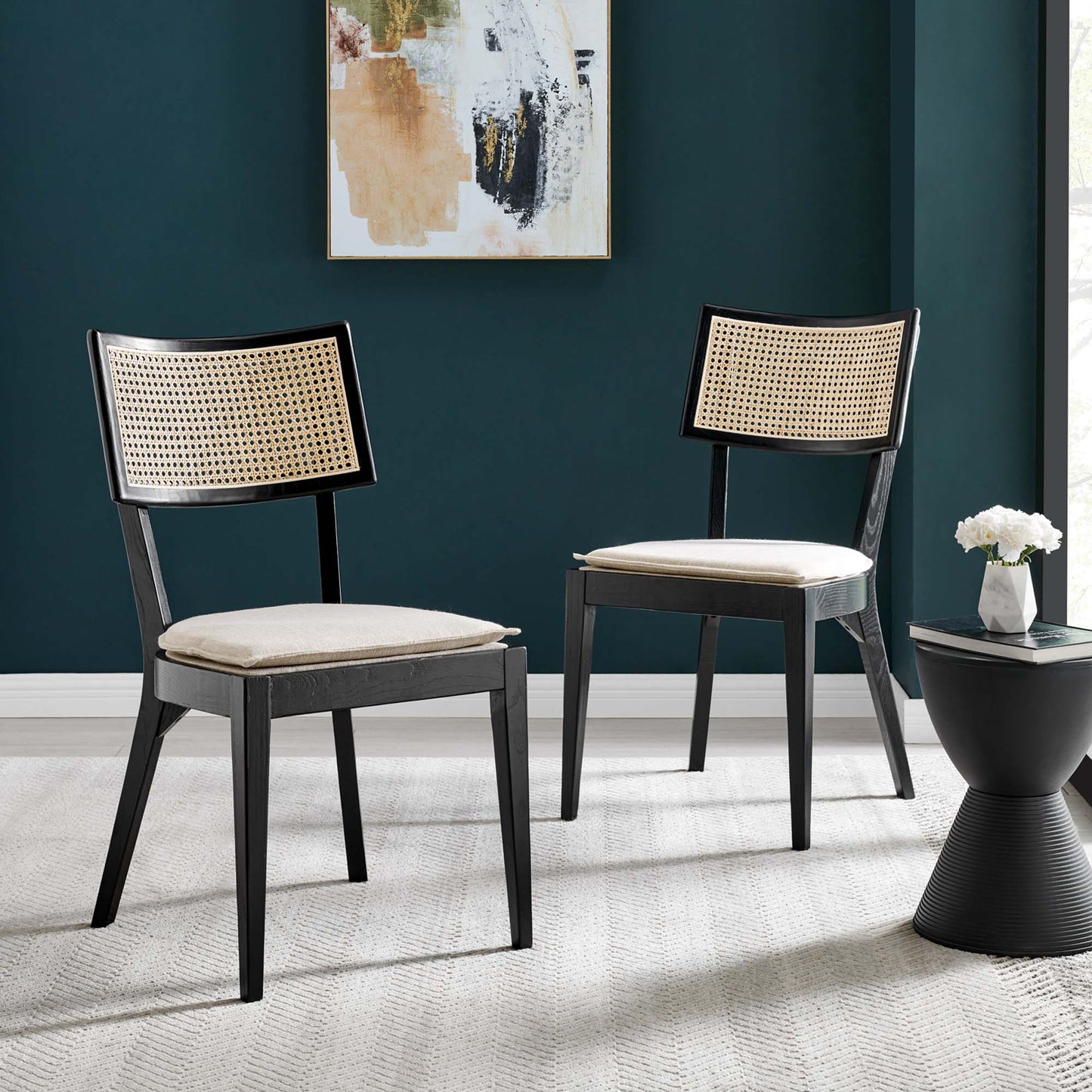 Caledonia Wood Dining Chair Set of 2 - Charming Cottage Style with Woven Rattan, Solid Elm, and Upholstered Comfort
