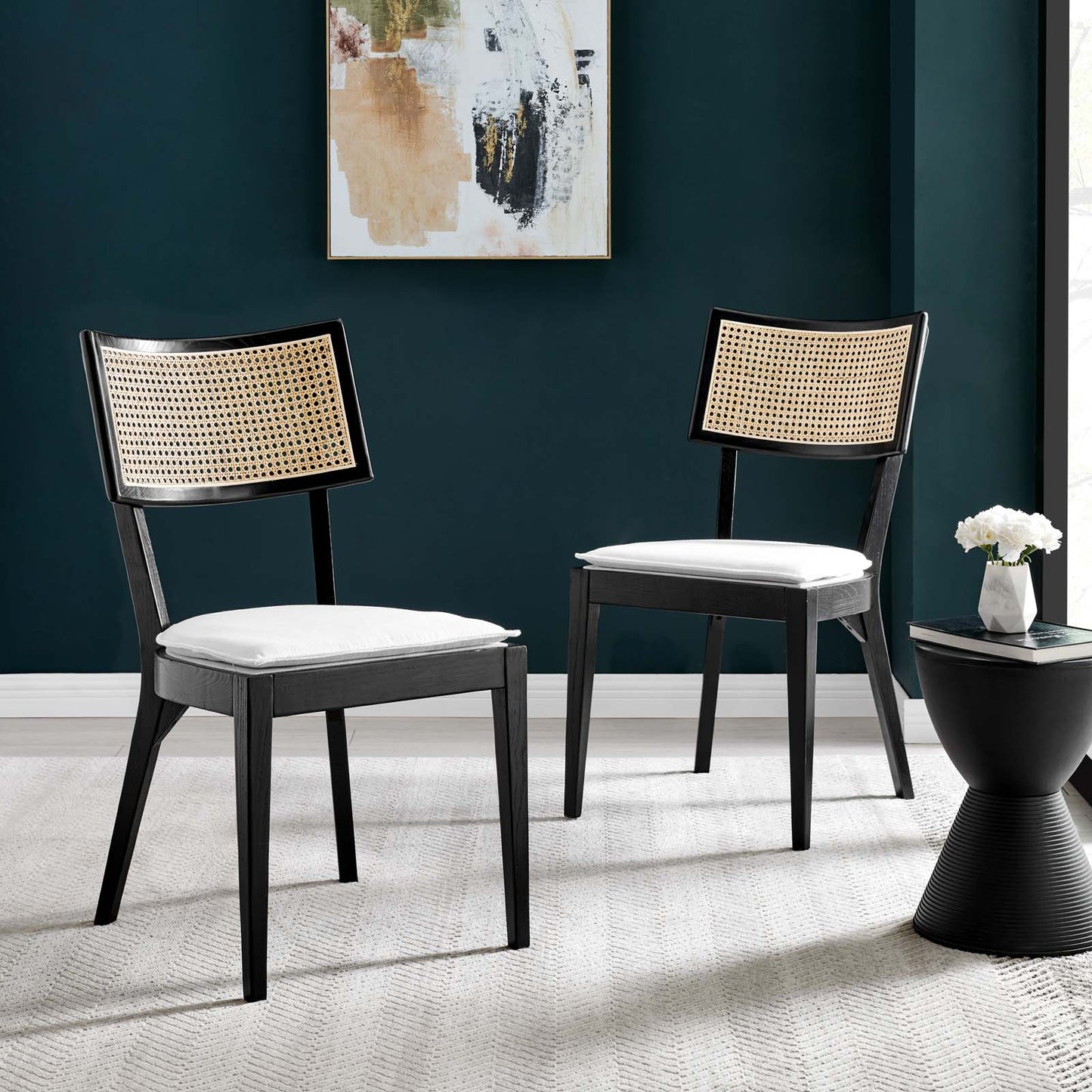 Caledonia Wood Dining Chair - Charming Cottage Style with Woven Rattan, Solid Elm, and Upholstered Comfort