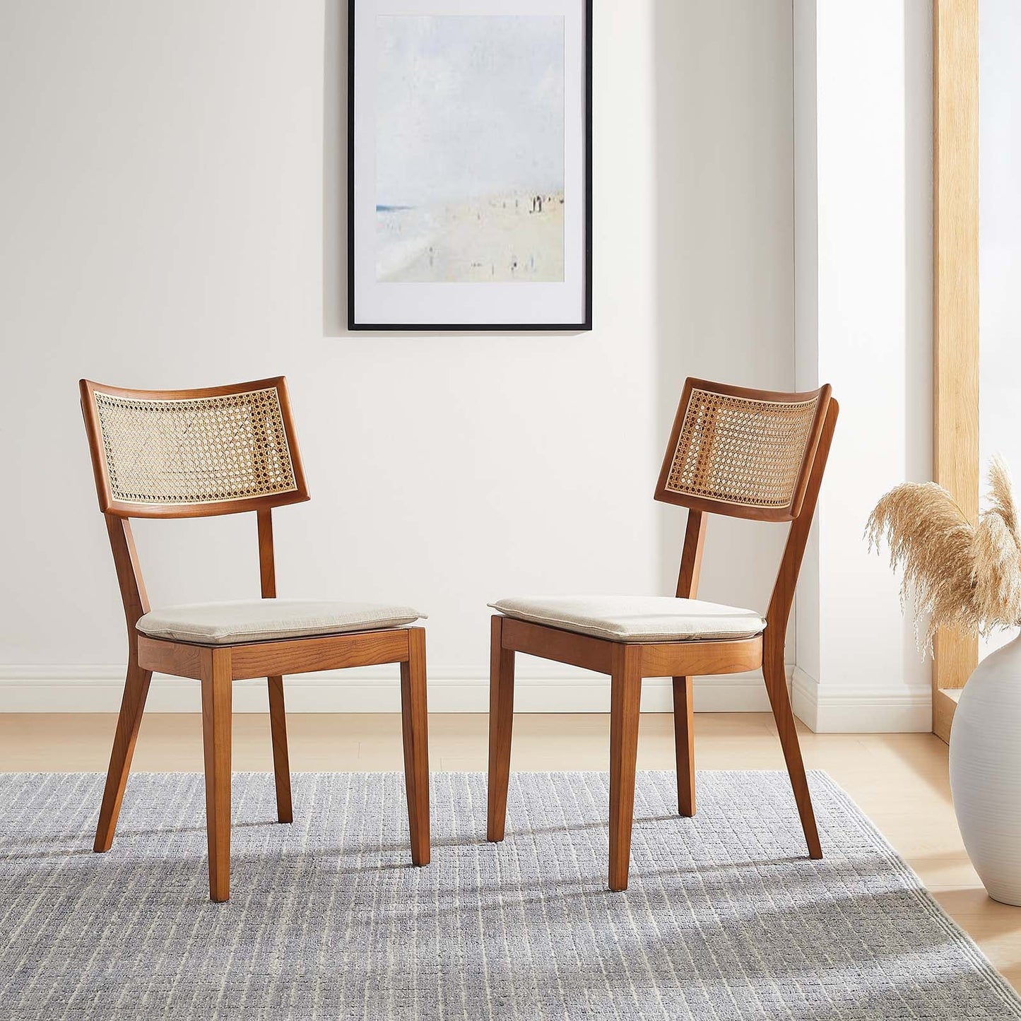 Caledonia Wood Dining Chair Set of 2 β Charming Cottage Style with Woven Rattan, Solid Elm & Upholstered Comfort