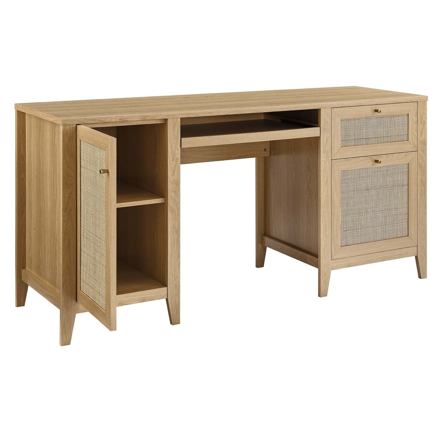 Soma 63" Office Desk - Stylish Rattan Weave Design with Storage, Keyboard Tray, and Modern Functionality