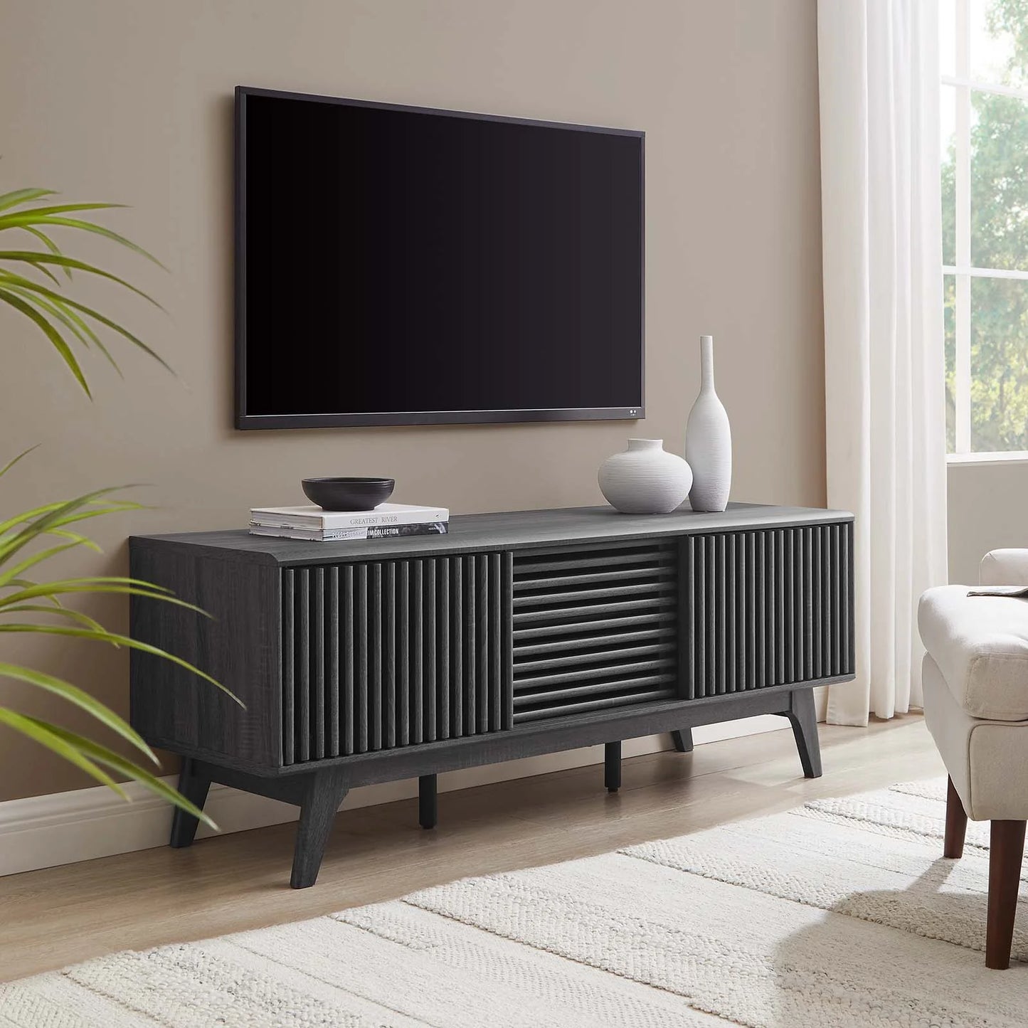 Iterate 59" Contemporary TV Stand – Sliding Doors & Open Shelving for Media Storage and Display in Walnut