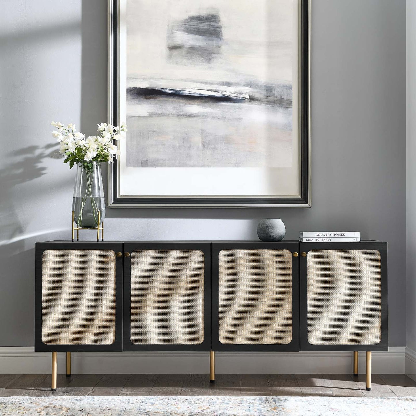 Chaucer Rattan Sideboard in Black Oak β Modern Storage Cabinet with Natural Woven Doors