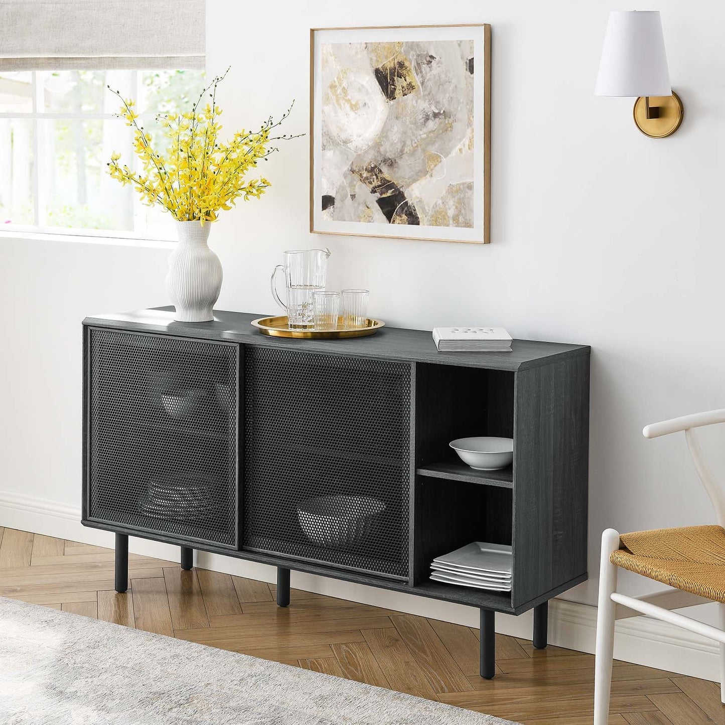 Kurtis 59" Sideboard – Modern Industrial Storage Cabinet with Metal Mesh Doors in Charcoal for Chic Living Spaces