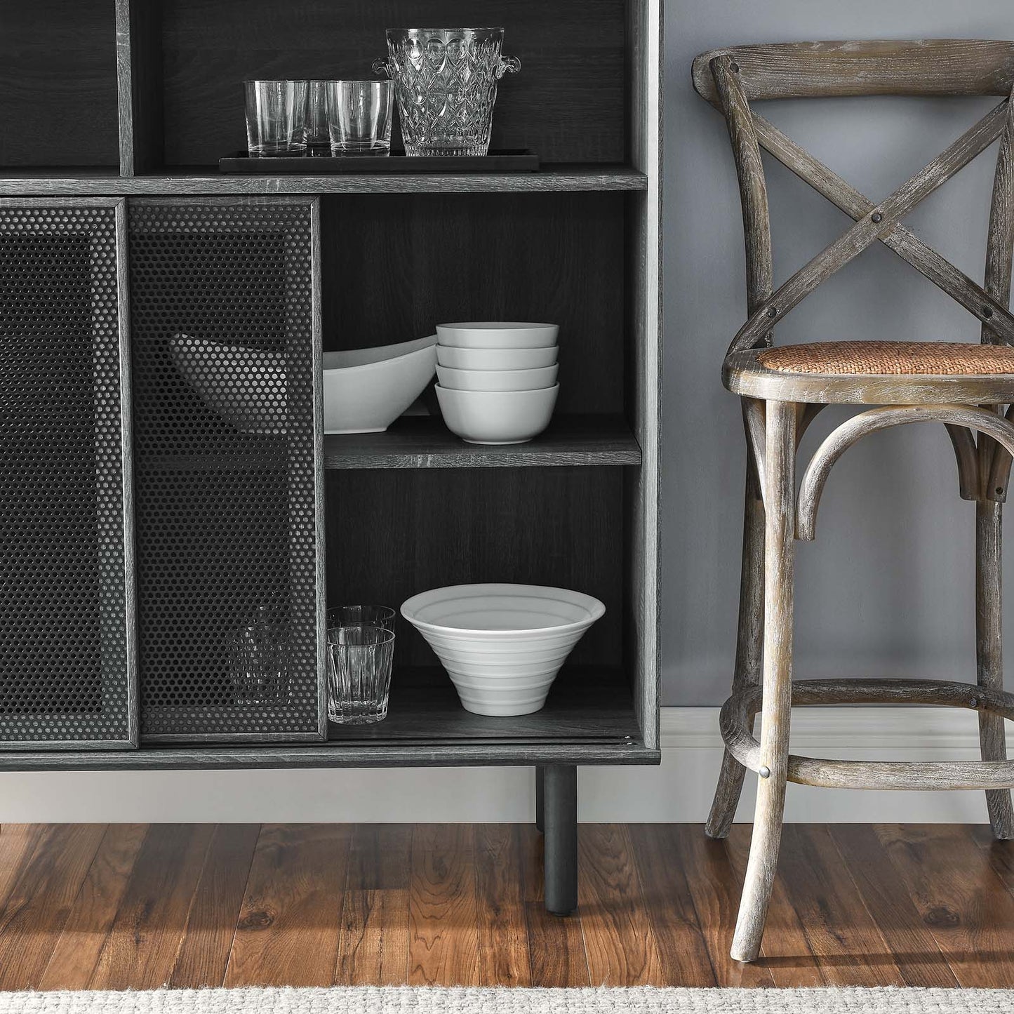 Kurtis 47" Modern Display Cabinet with Metal Mesh Doors for Chic Storage and Décor Solutions in Charcoal