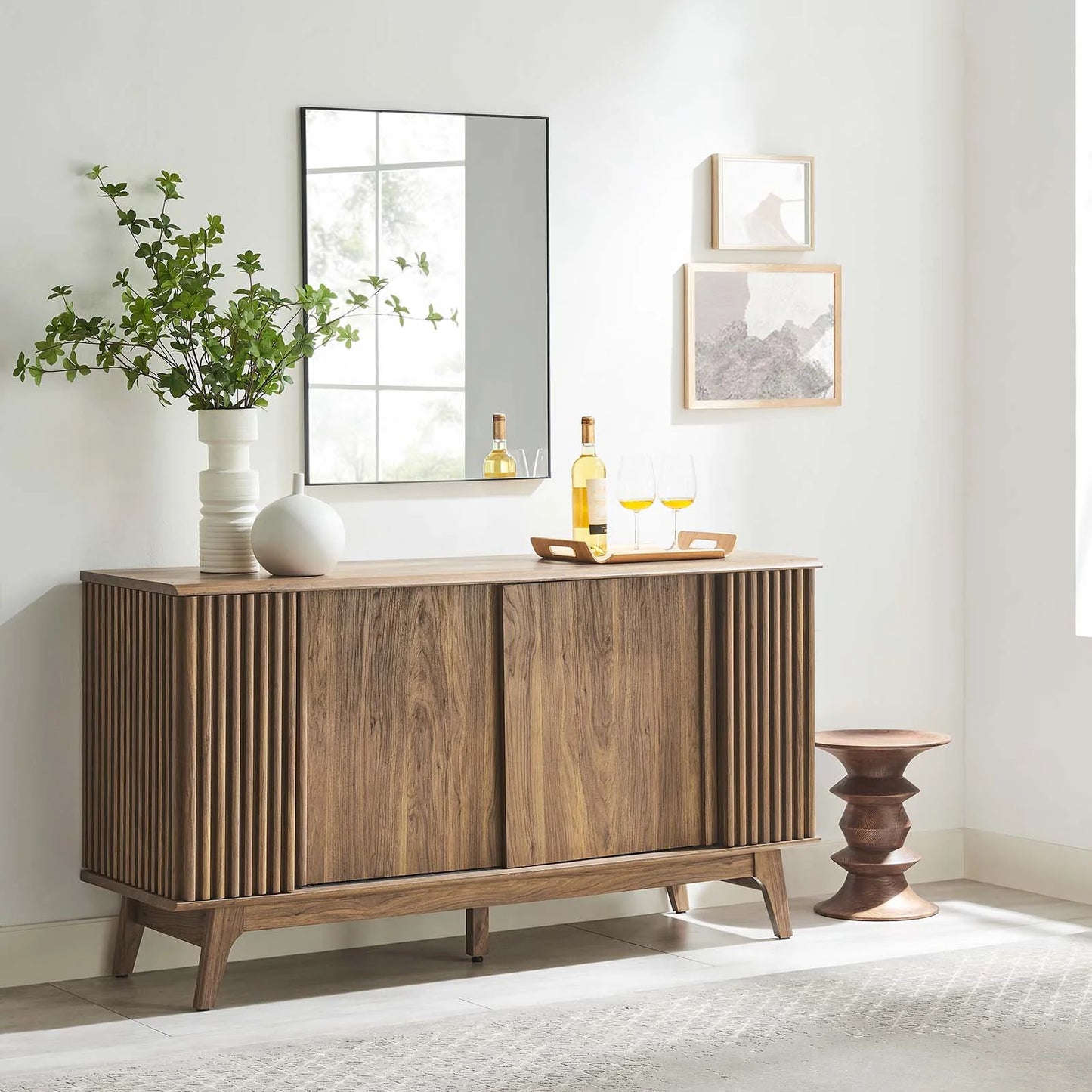 Eudora Sideboard - Elegant Mid-Century Storage Solution with Sliding Doors for Home Essentials in Oak