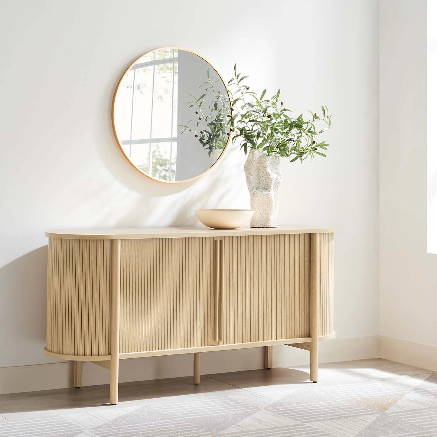 Cadence 63" Mid-Century Modern Sideboard with Fluted Sliding Doors and Durable Construction in Brown and Walnut