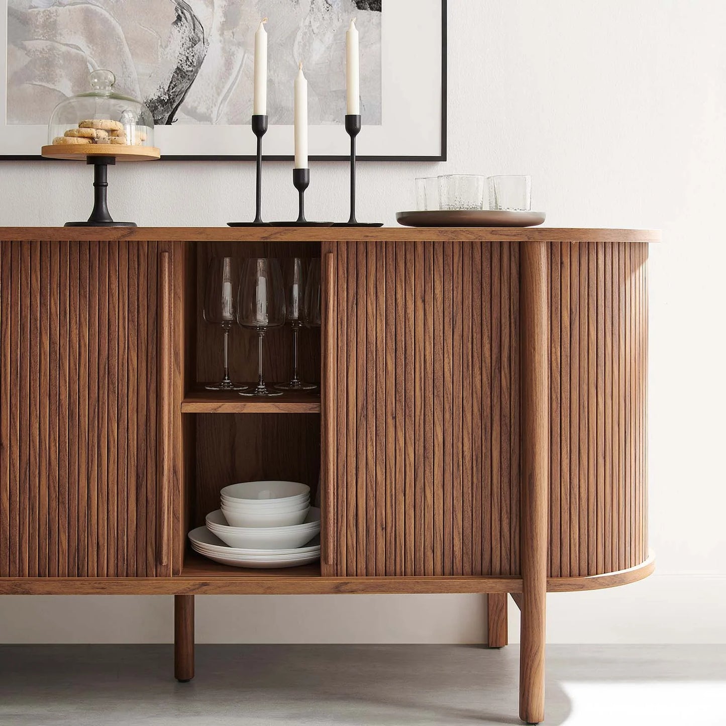 Cadence 63" Mid-Century Modern Sideboard β Fluted Sliding Doors & Durable Build in Brown Walnut Finish