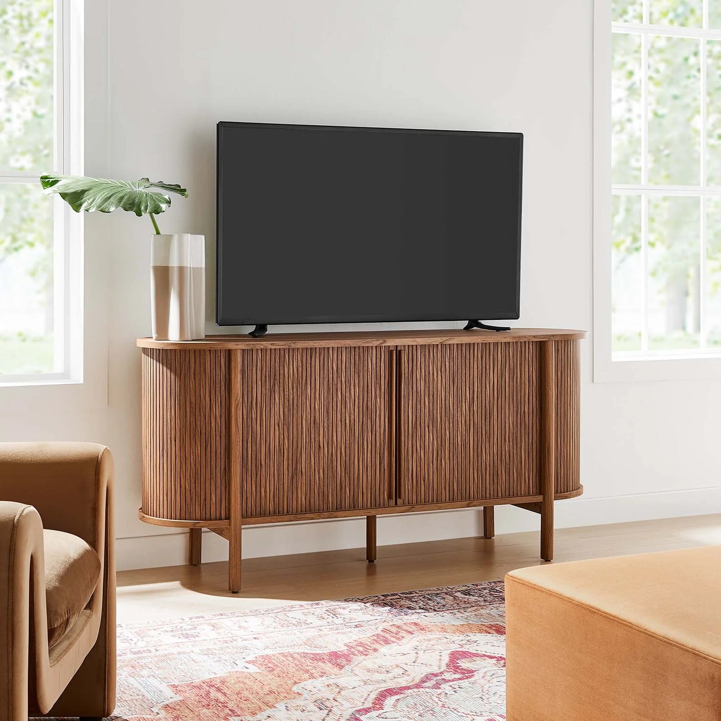 Cadence 63" Mid-Century Modern Sideboard with Fluted Sliding Doors and Durable Construction in Brown and Walnut