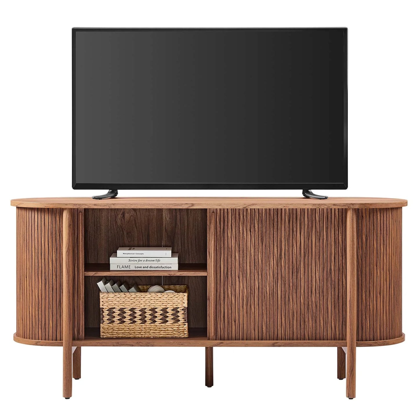 Cadence 63" Mid-Century Modern Sideboard with Fluted Sliding Doors and Durable Construction in Brown and Walnut