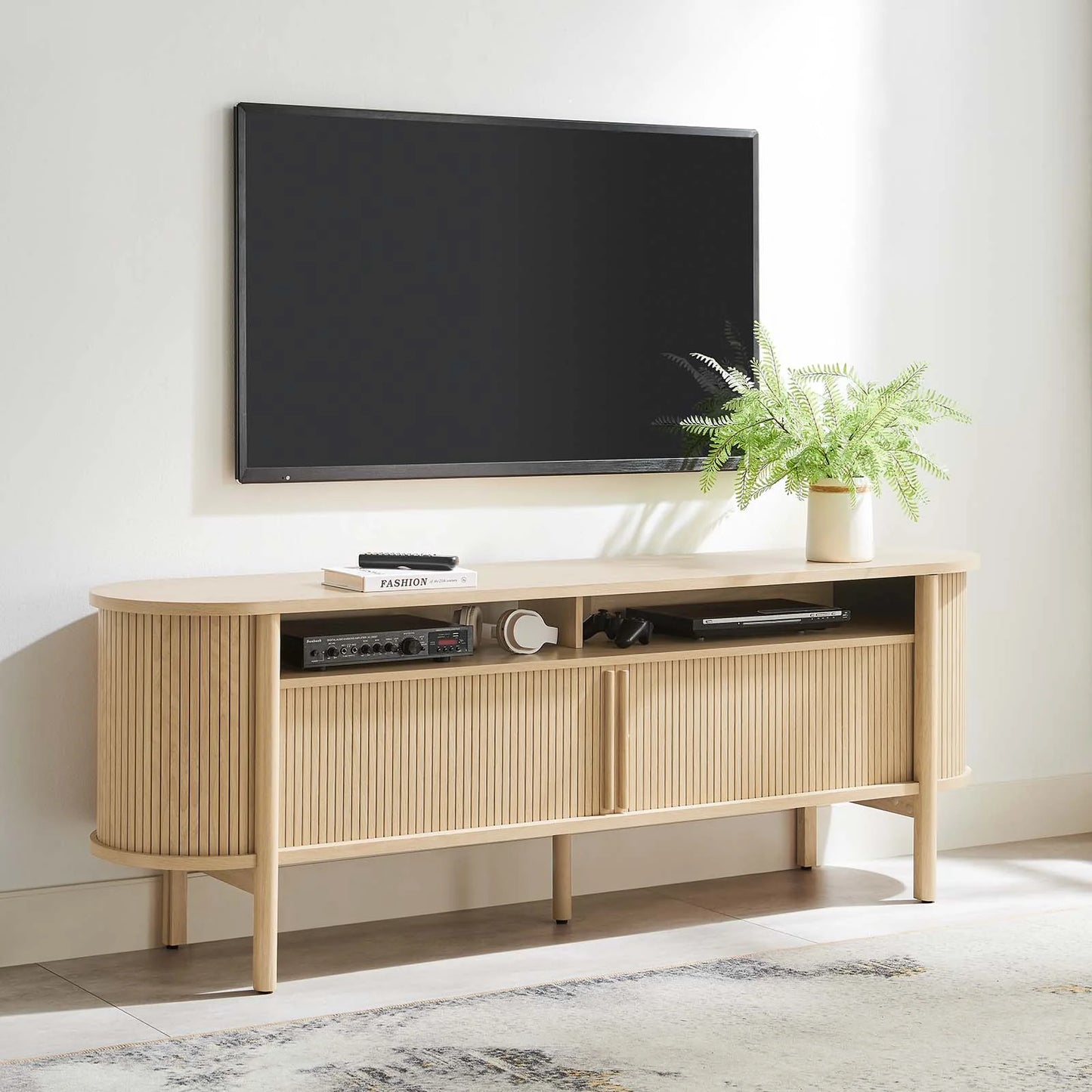 Cadence 71" Curved TV Stand – Mid-Century Modern Media Console with Ample Storage in Brown Walnut