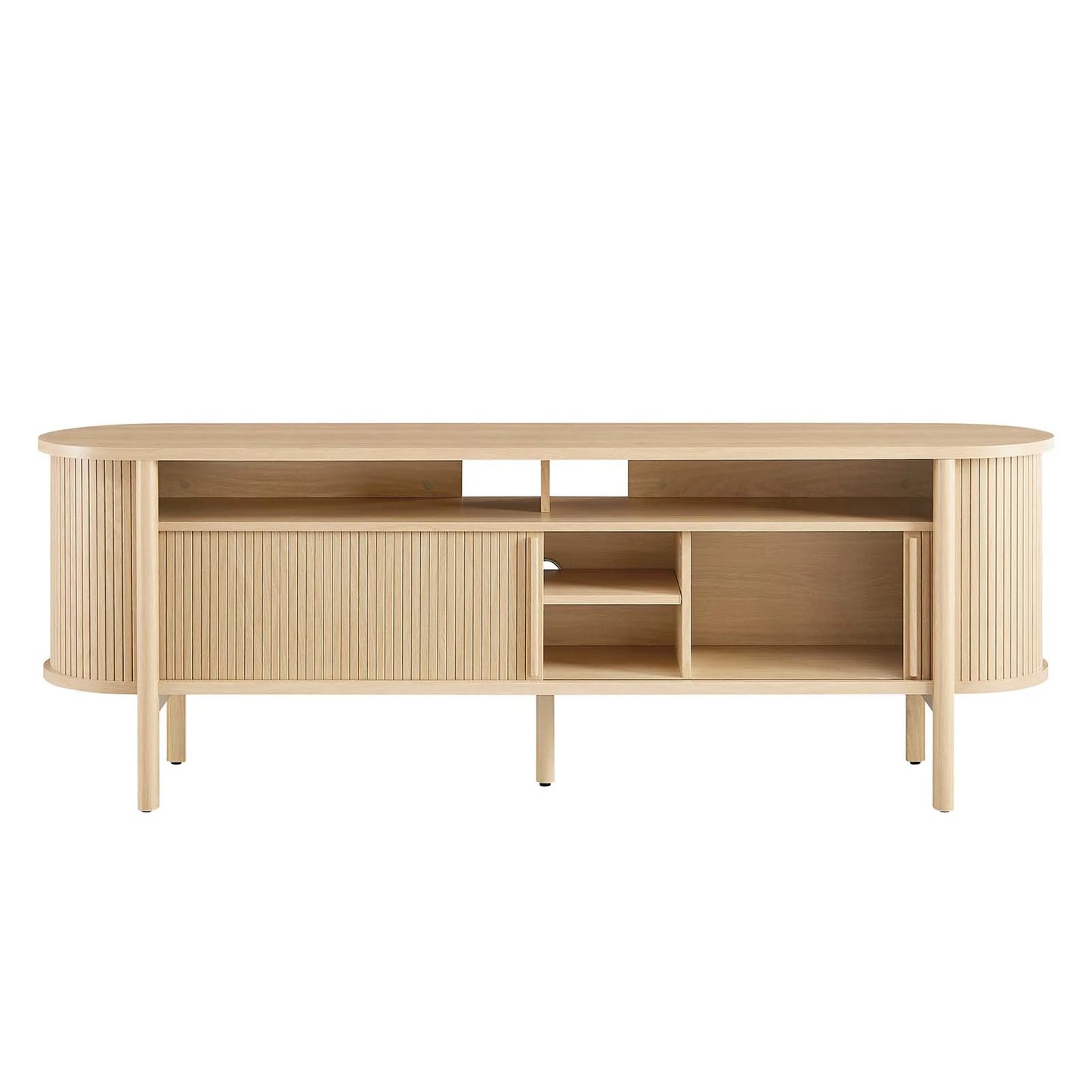 Cadence 71" Curved TV Stand - Mid-Century Modern Media Console with Ample Storage in Brown and Walnut