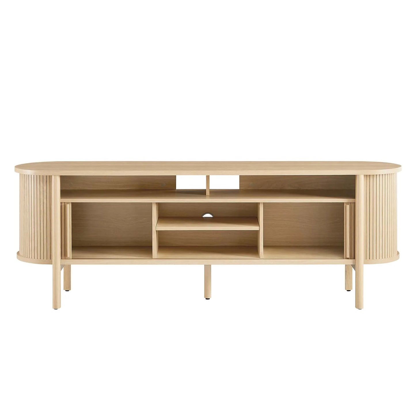 Cadence 71" Curved TV Stand - Mid-Century Modern Media Console with Ample Storage in Brown and Walnut