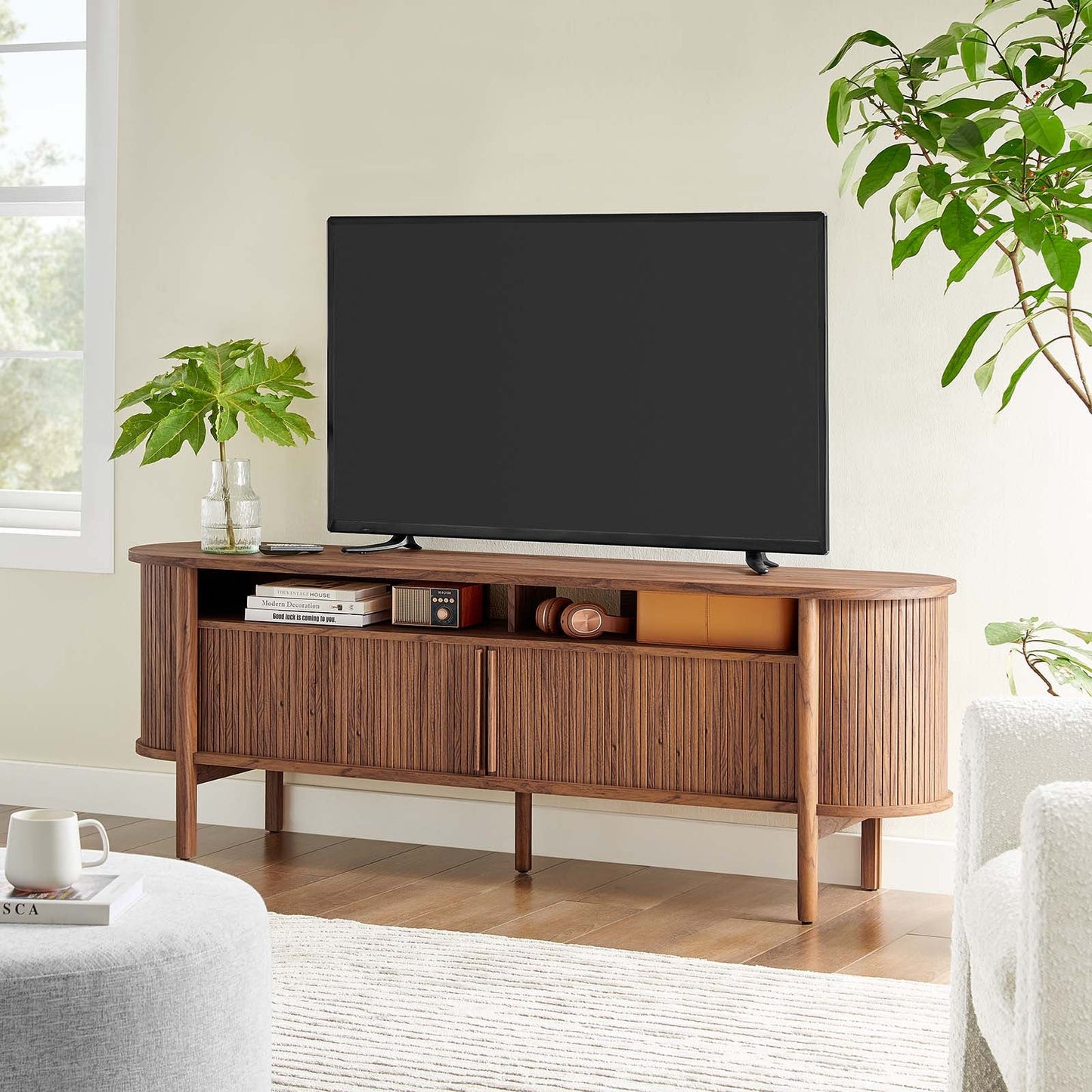 Cadence 71" Curved TV Stand - Mid-Century Modern Media Console with Ample Storage in Brown and Walnut