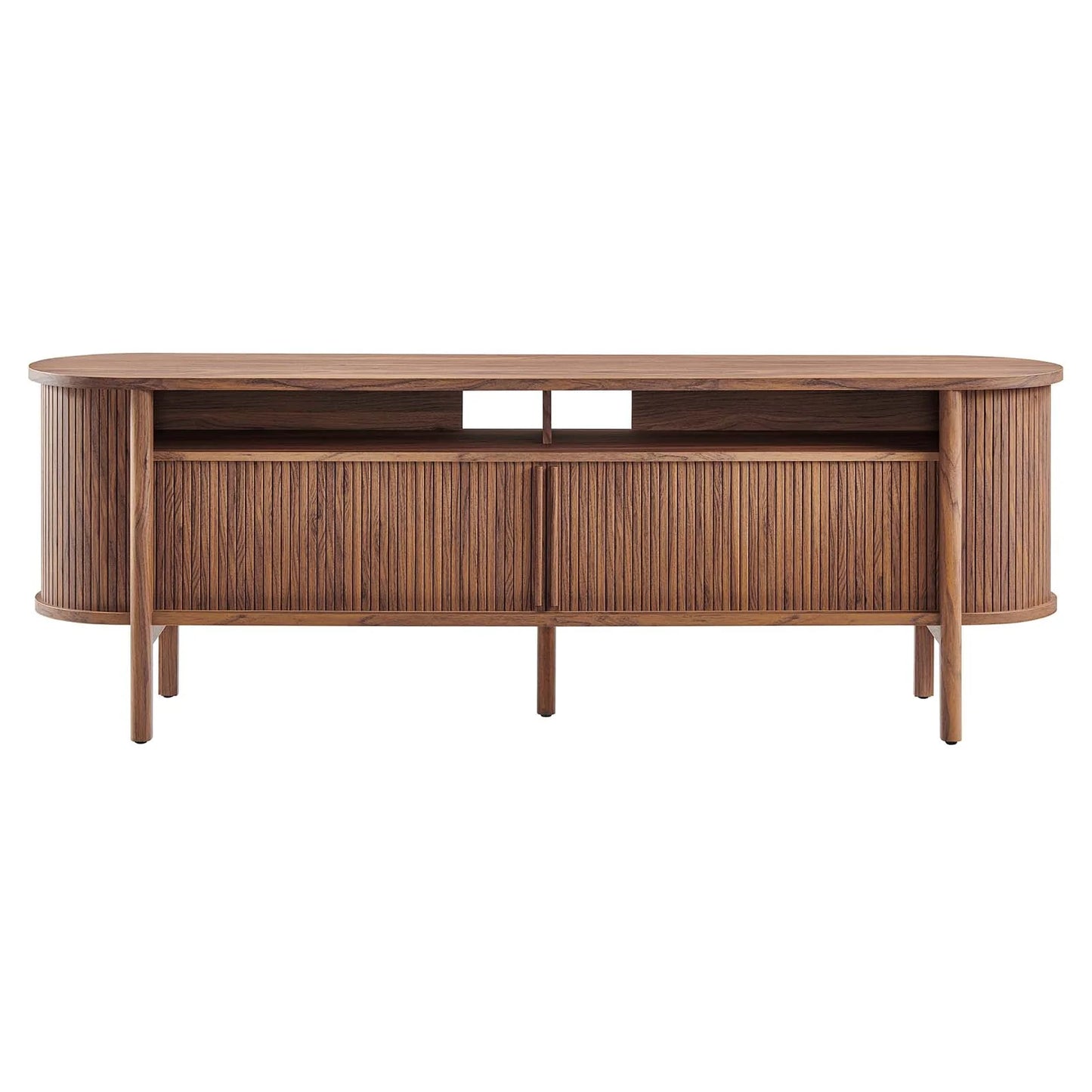 Cadence 71" Curved TV Stand - Mid-Century Modern Media Console with Ample Storage in Brown and Walnut
