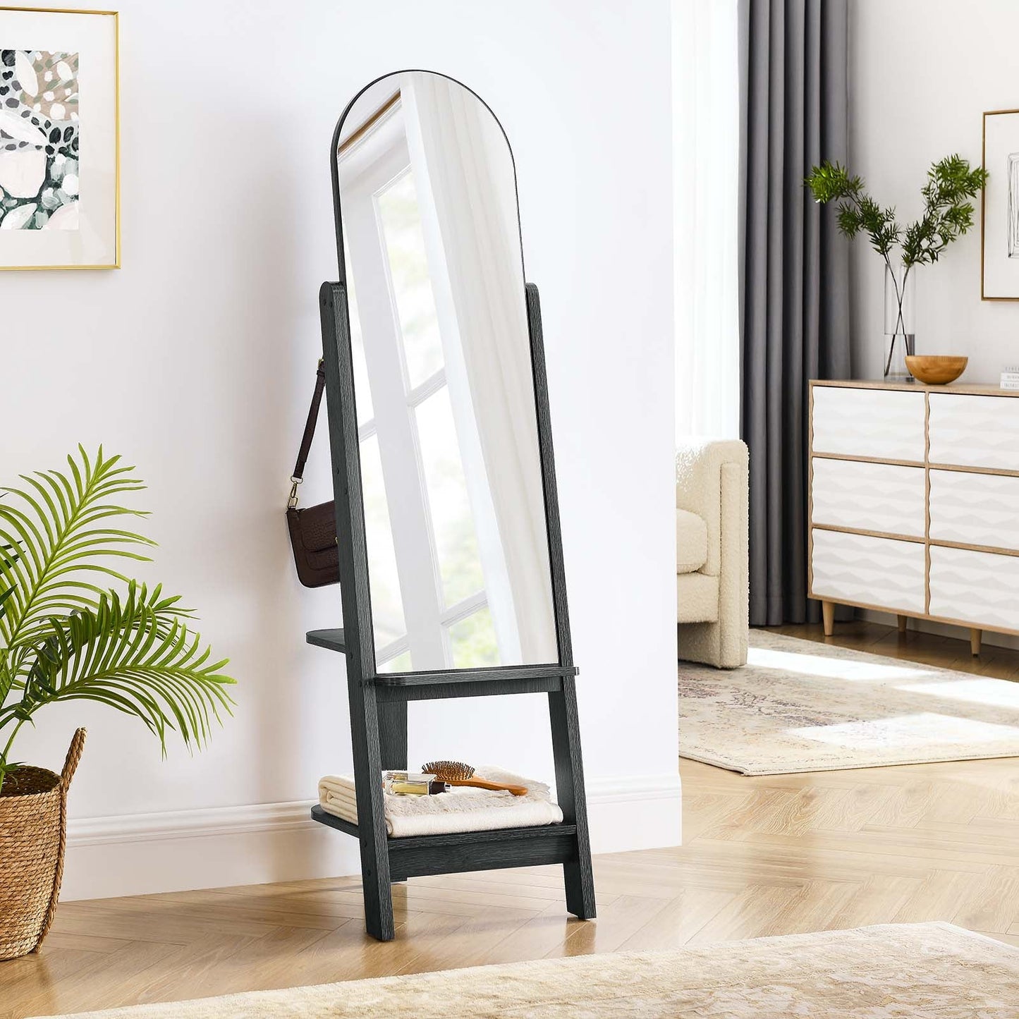 Ascend Arched Standing Mirror with Open Shelves and Hanging Pegs - Stylish Storage Solution for Any Room