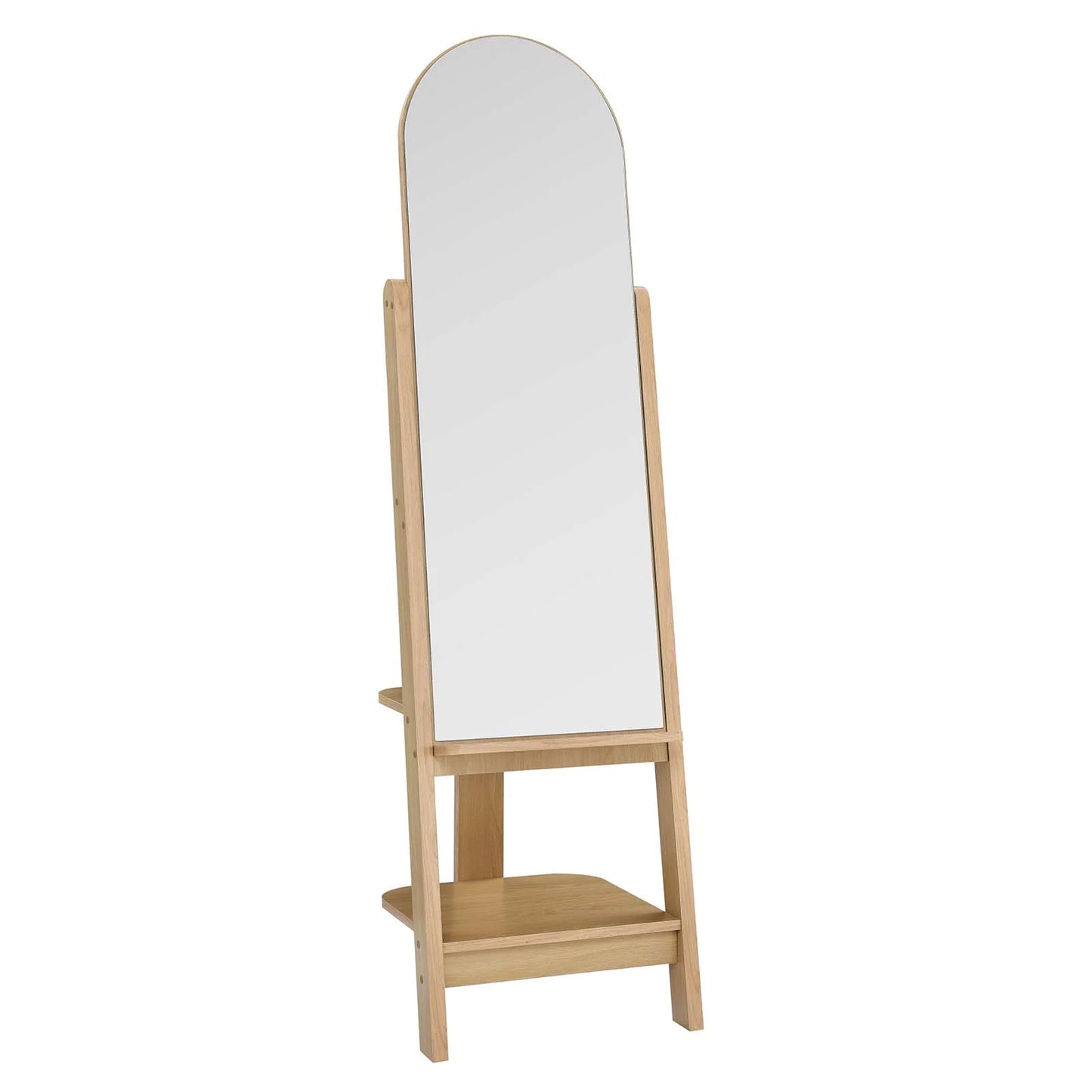 Ascend Arched Standing Mirror with Open Shelves and Hanging Pegs - Stylish Storage Solution for Any Room
