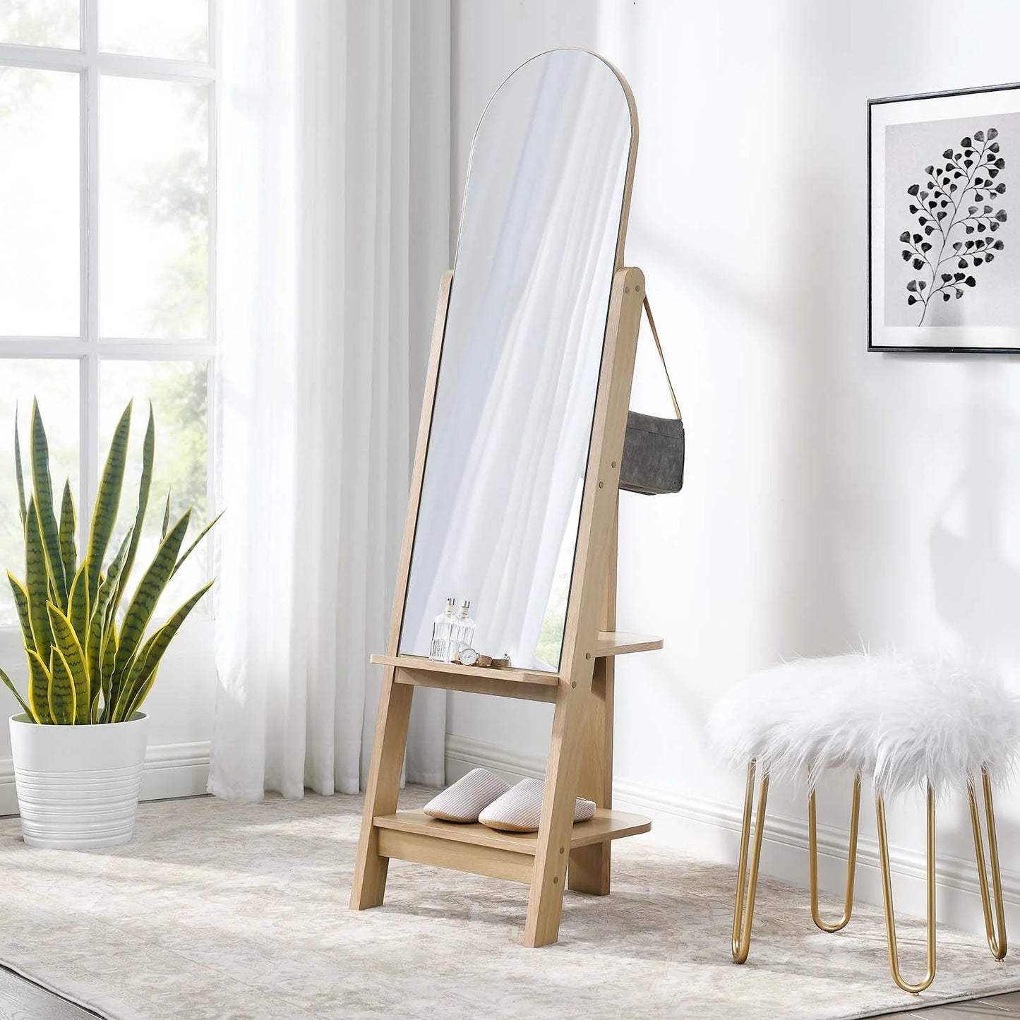 Ascend Arched Standing Mirror with Open Shelves and Hanging Pegs - Stylish Storage Solution for Any Room