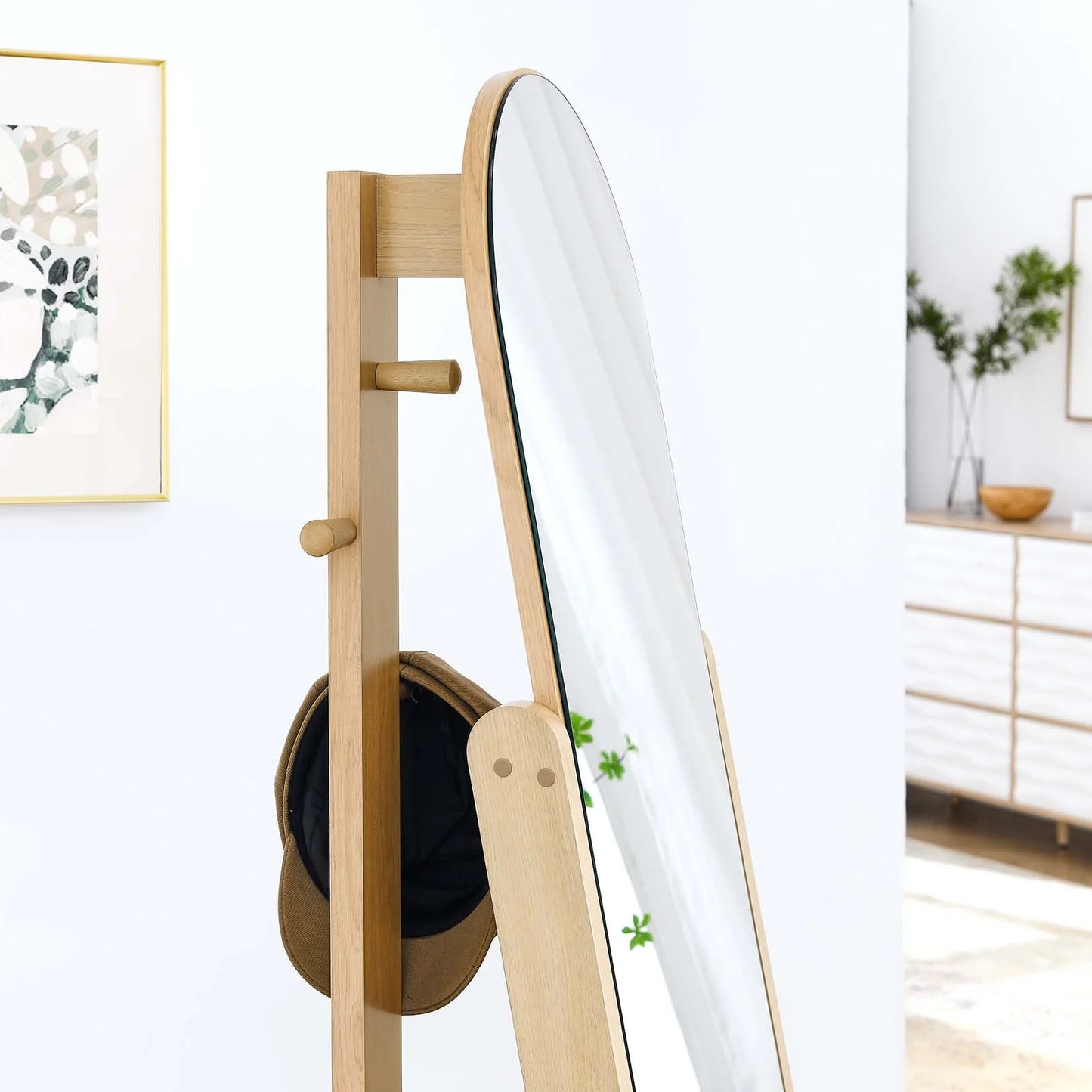 Ascend Arched Standing Mirror with Open Shelves and Hanging Pegs - Stylish Storage Solution for Any Room
