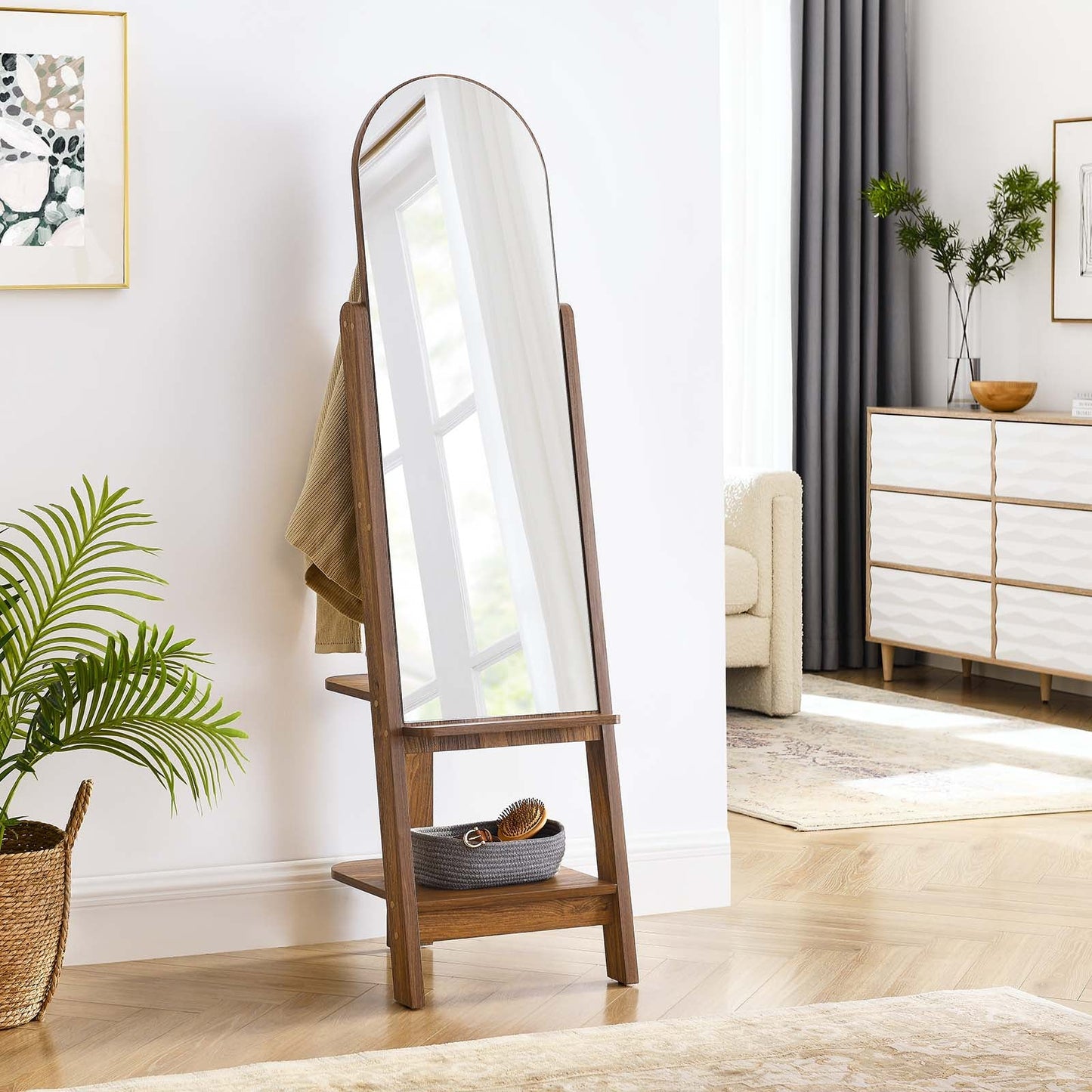 Ascend Arched Standing Mirror with Open Shelves and Hanging Pegs - Stylish Storage Solution for Any Room