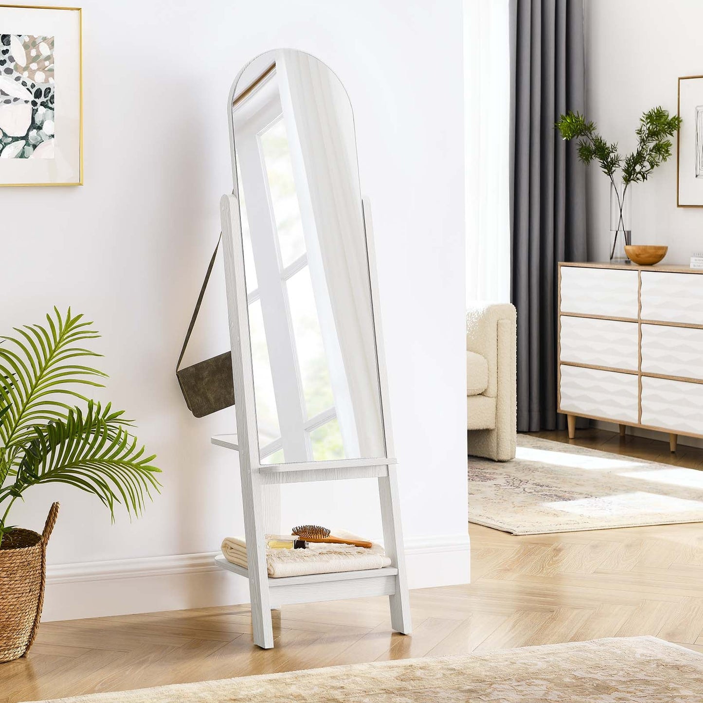 Ascend Arched Standing Mirror with Open Shelves and Hanging Pegs - Stylish Storage Solution for Any Room