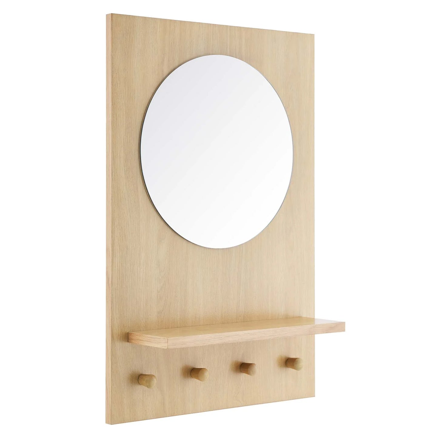 Glint Round Mirror with Stylish Rectangular Wood Frame, Shelf, and Four Pegs for Effortless Organization