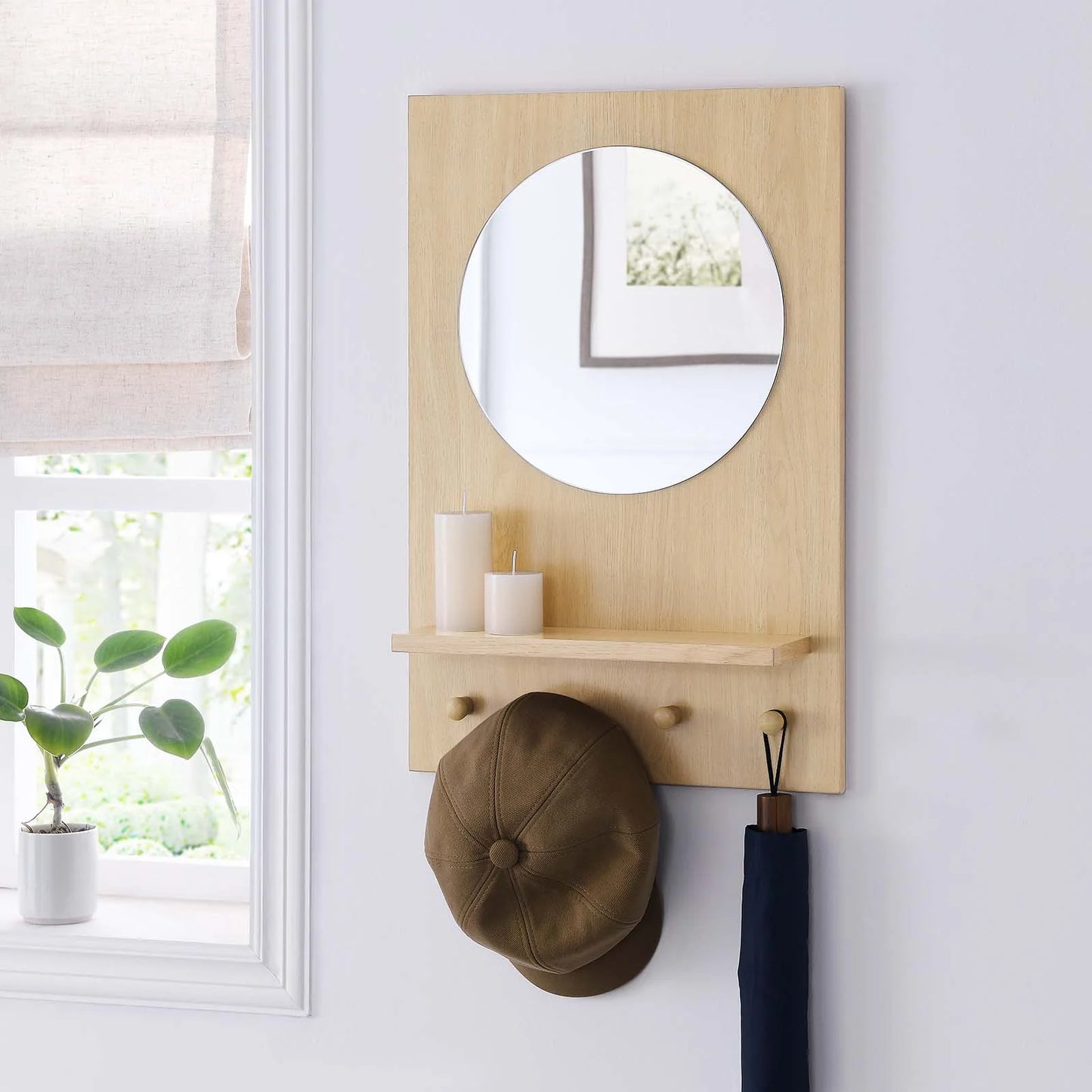 Glint Round Mirror with Stylish Rectangular Wood Frame, Shelf, and Four Pegs for Effortless Organization