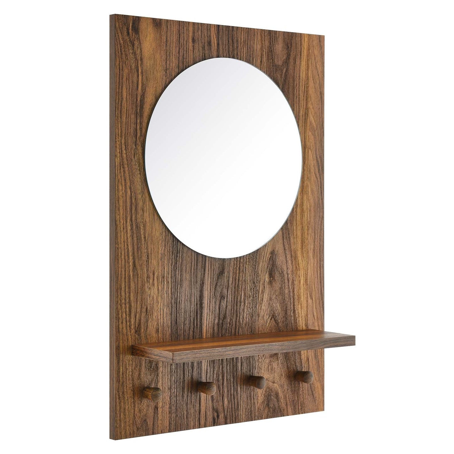 Glint Round Mirror with Stylish Rectangular Wood Frame, Shelf, and Four Pegs for Effortless Organization