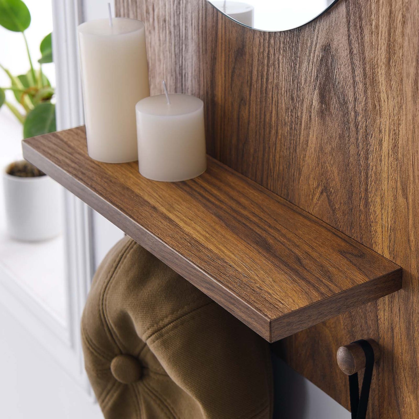 Glint Round Mirror with Stylish Rectangular Wood Frame, Shelf, and Four Pegs for Effortless Organization