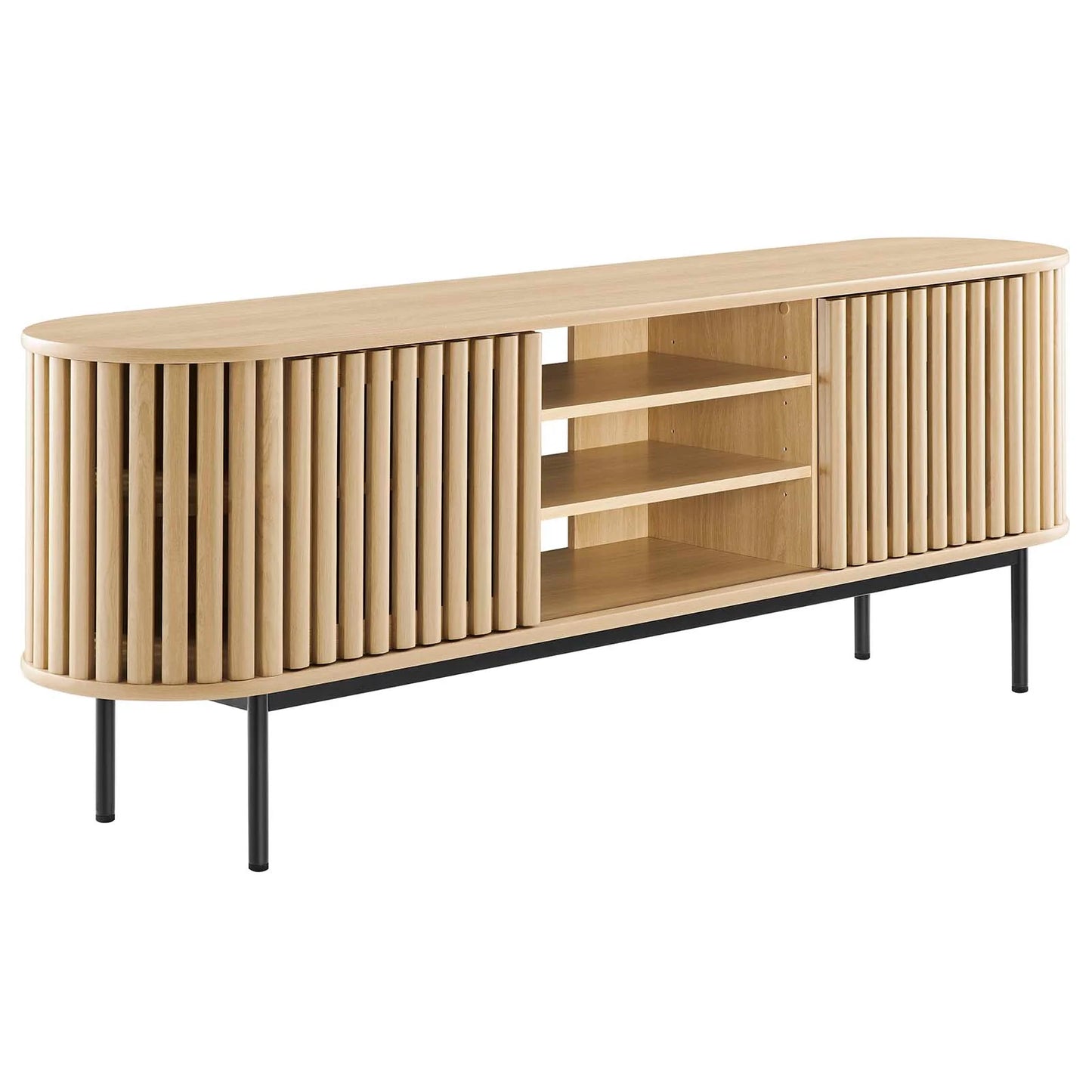 Fortitude 71" TV Stand – Modern Oval Design with Adjustable Shelves & Chic Sliding Doors in Oak