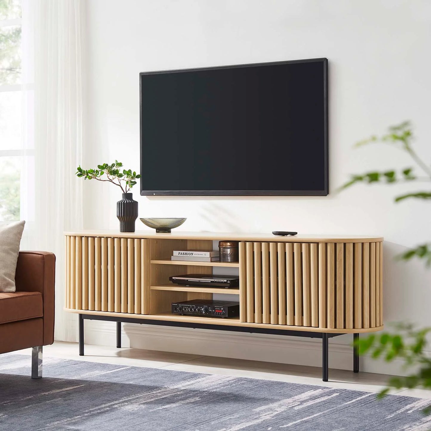 Fortitude 71" TV Stand – Modern Oval Design with Adjustable Shelves & Chic Sliding Doors in Oak