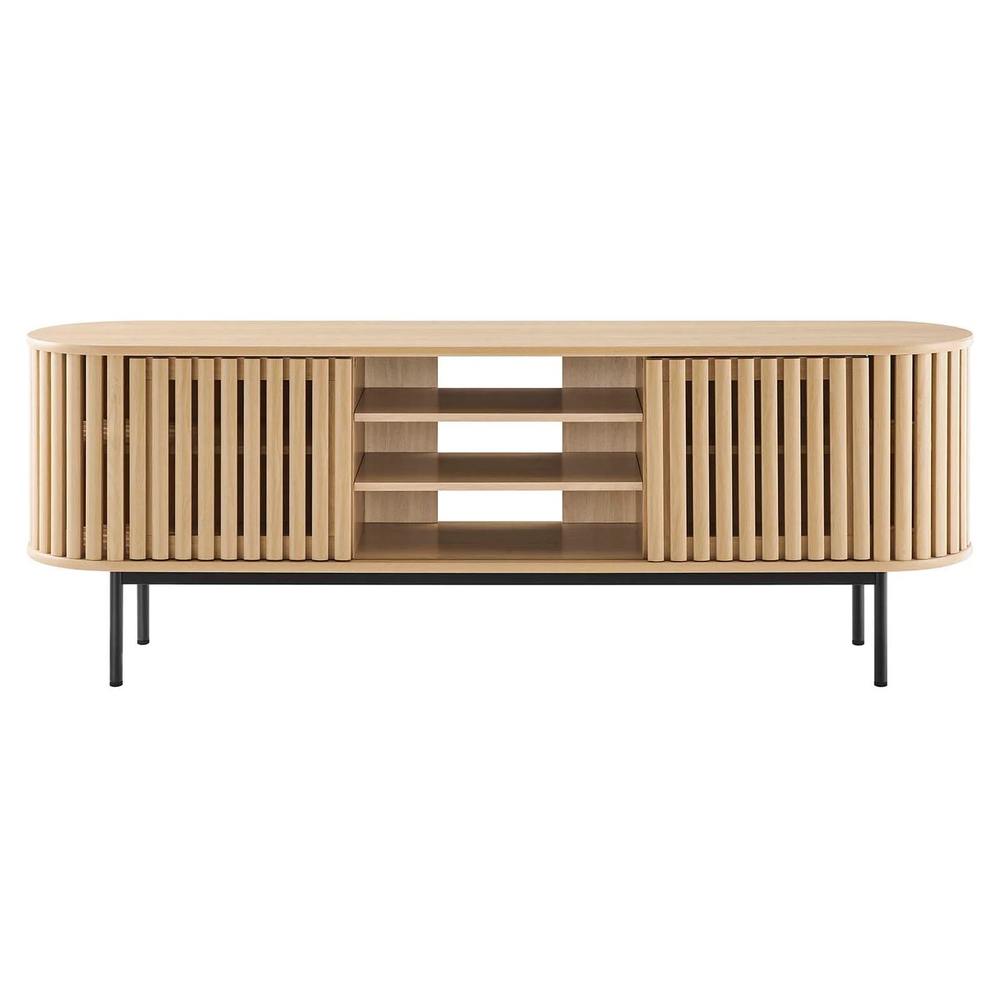 Fortitude 71" TV Stand – Modern Oval Design with Adjustable Shelves & Chic Sliding Doors in Oak