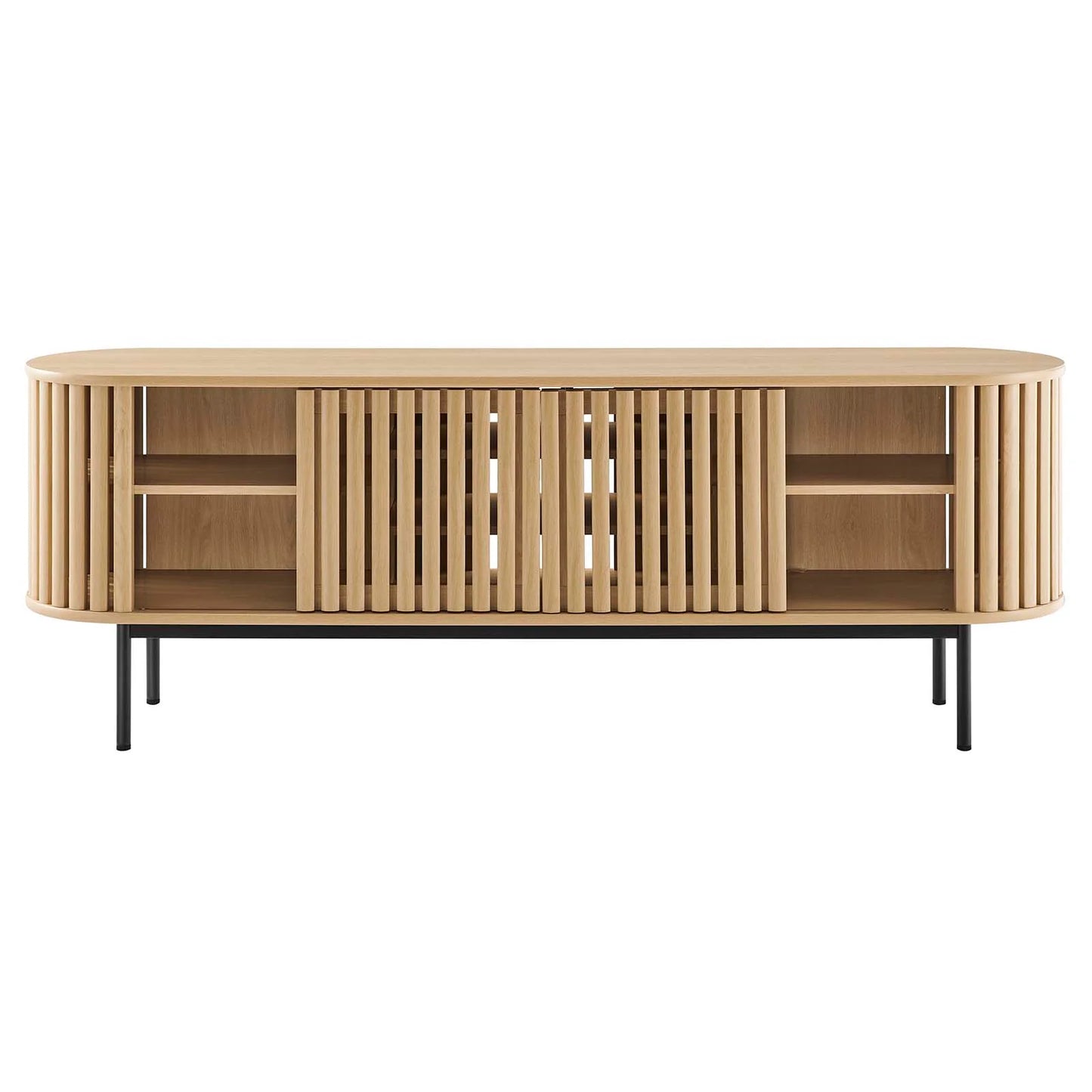 Fortitude 71" TV Stand – Modern Oval Design with Adjustable Shelves & Chic Sliding Doors in Oak