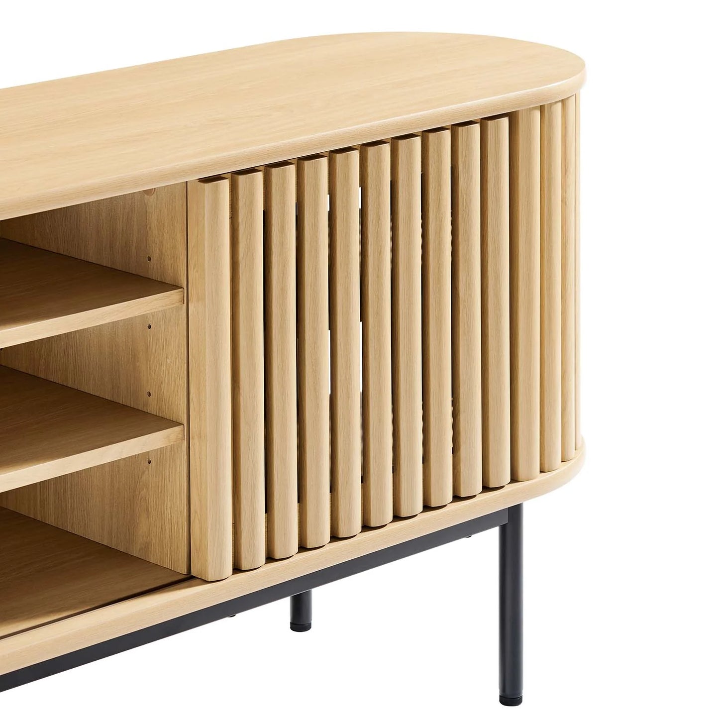 Fortitude 71" TV Stand – Modern Oval Design with Adjustable Shelves & Chic Sliding Doors in Oak