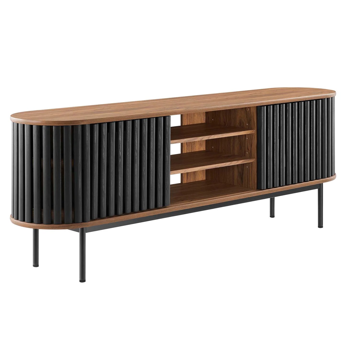 Fortitude 71" TV Stand – Modern Oval Design with Adjustable Shelves & Chic Sliding Doors in Oak