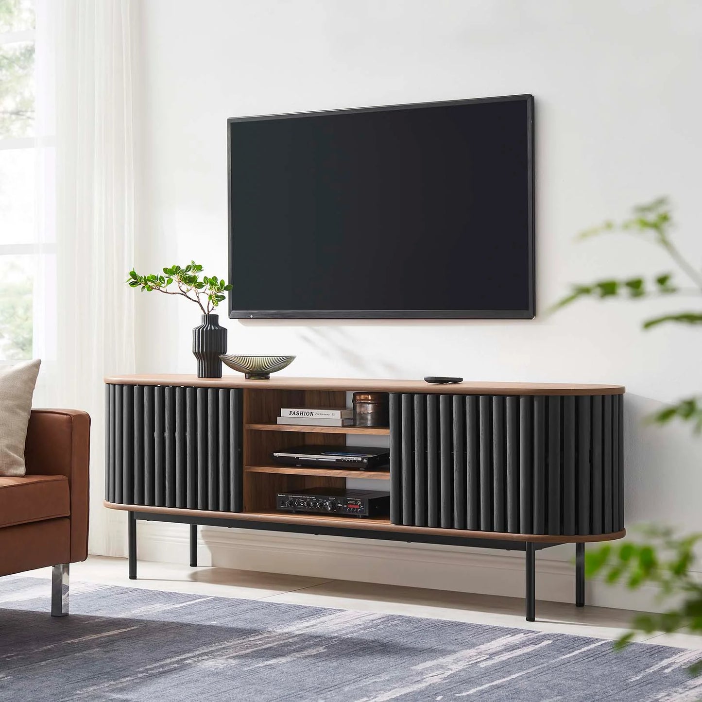 Fortitude 71" TV Stand – Modern Oval Design with Adjustable Shelves & Chic Sliding Doors in Oak