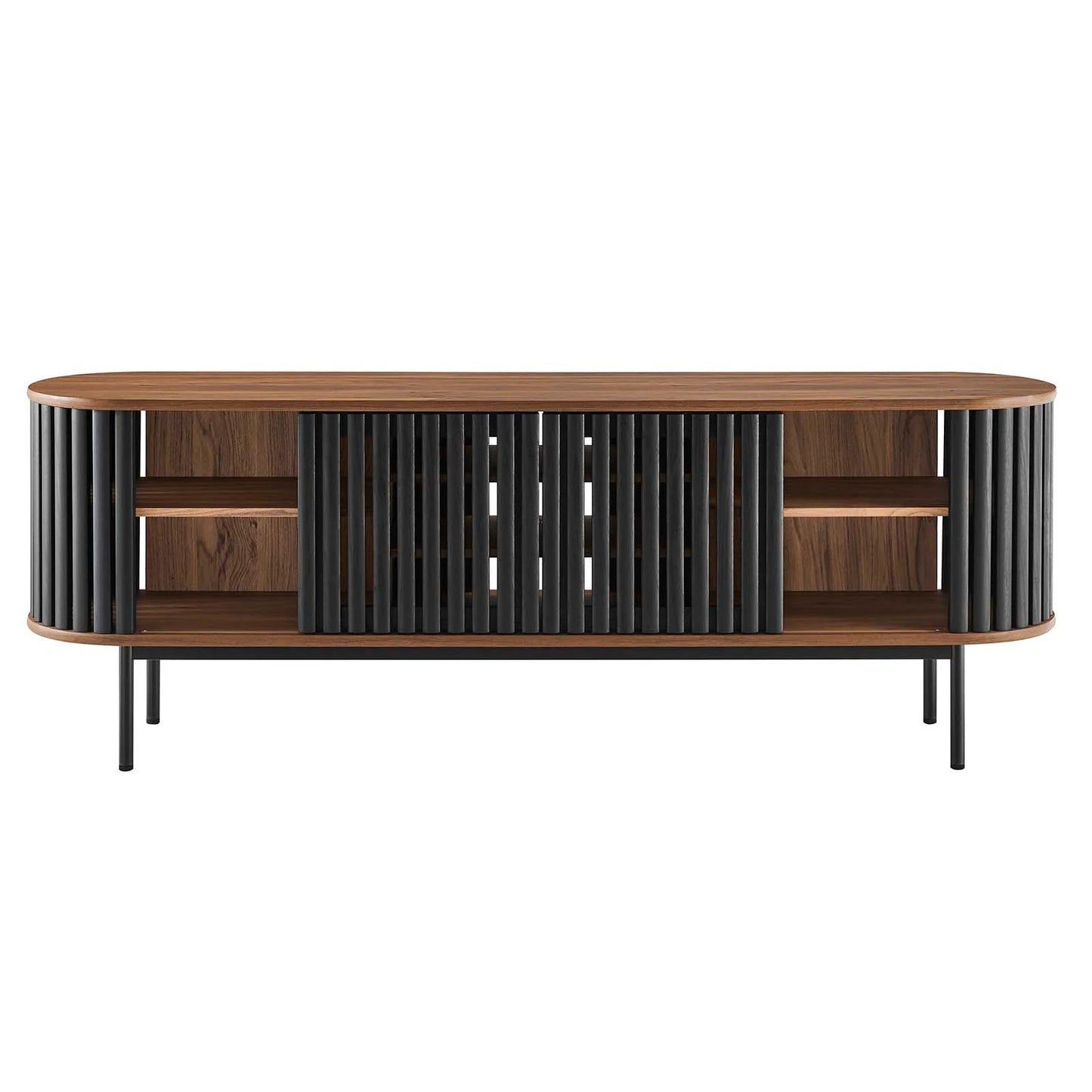 Fortitude 71" TV Stand – Modern Oval Design with Adjustable Shelves & Chic Sliding Doors in Oak