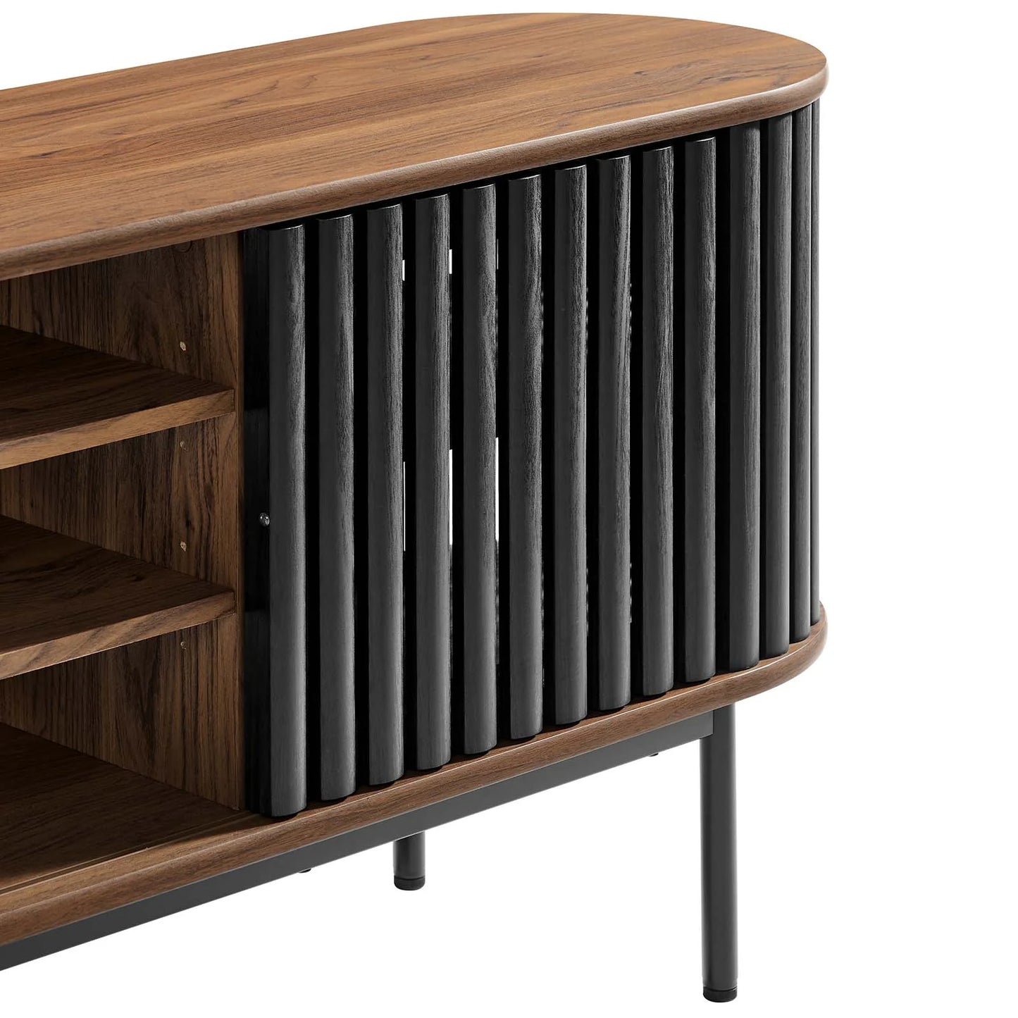 Fortitude 71" TV Stand – Modern Oval Design with Adjustable Shelves & Chic Sliding Doors in Oak