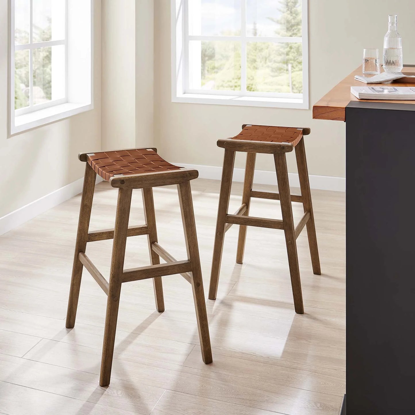 Saoirse Faux Leather Wood Bar Stool - Set of 2 for Stylish and Comfortable Seating
