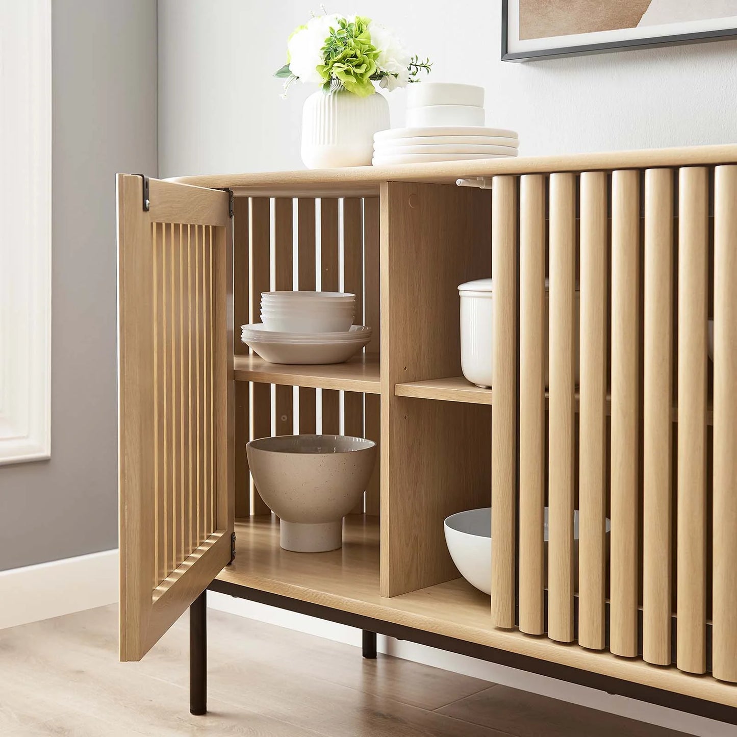 Fortitude 59” Oval Sideboard - Stylish Timber-Style Design with Six Generous Storage Compartments