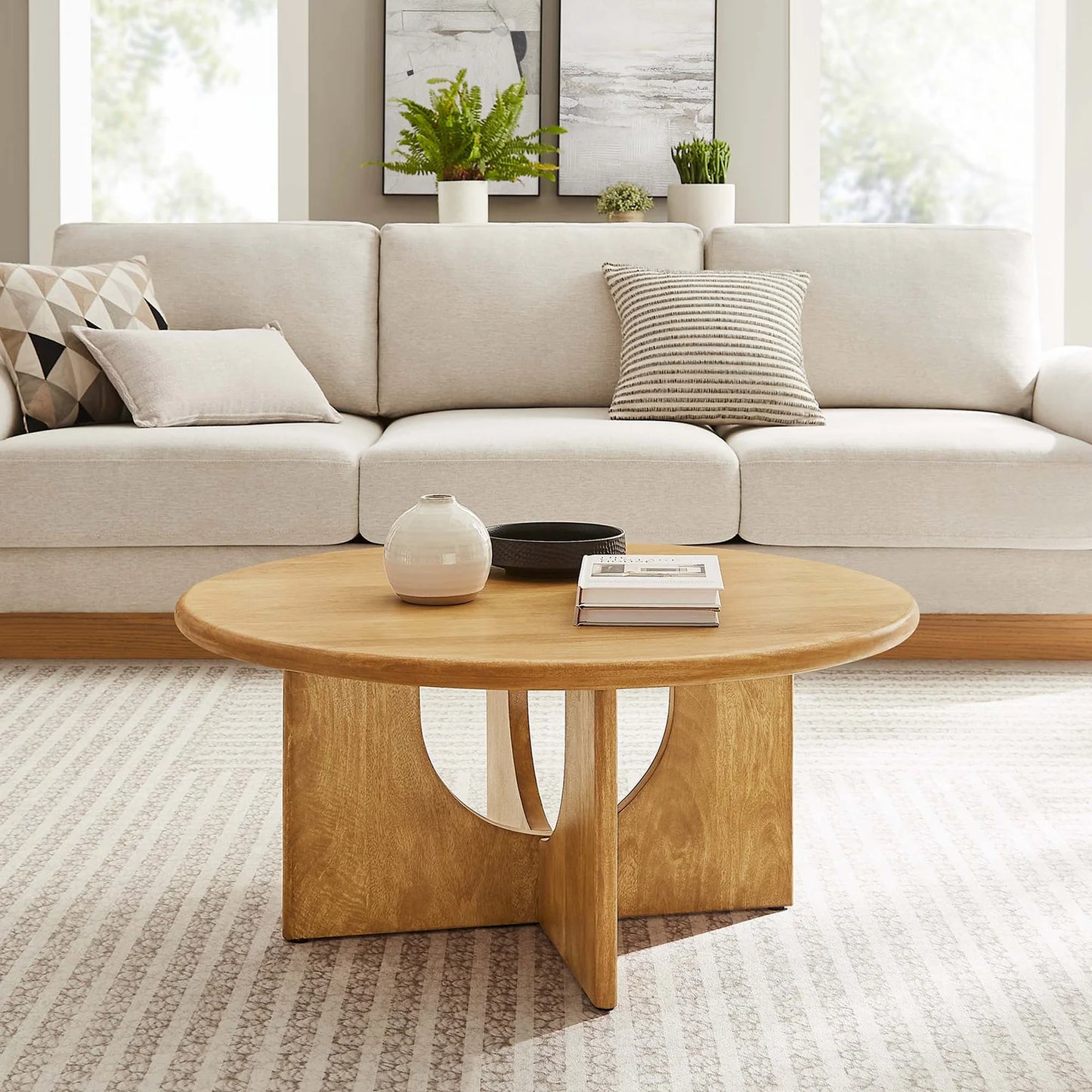 Rivian Round 34" Coffee Table in Oak – Sleek and Modern Accent Piece for Contemporary Living Rooms