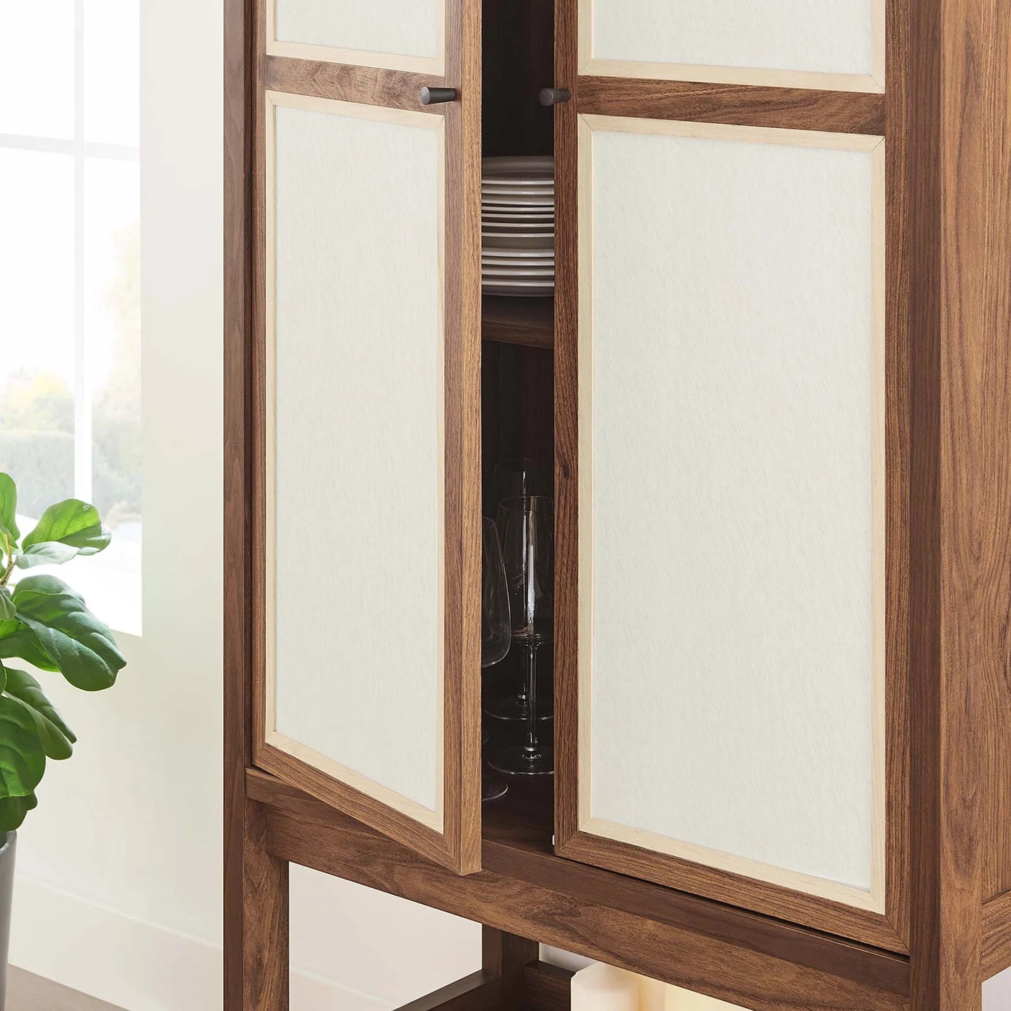 Capri Tall Storage Cabinet – Sleek Wood Grain Finish with Soft-Close Linen Doors for Stylish and Functional Organization.