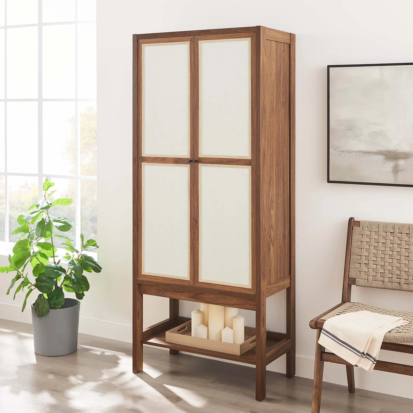Capri Tall Storage Cabinet – Sleek Wood Grain Finish with Soft-Close Linen Doors for Stylish and Functional Organization.
