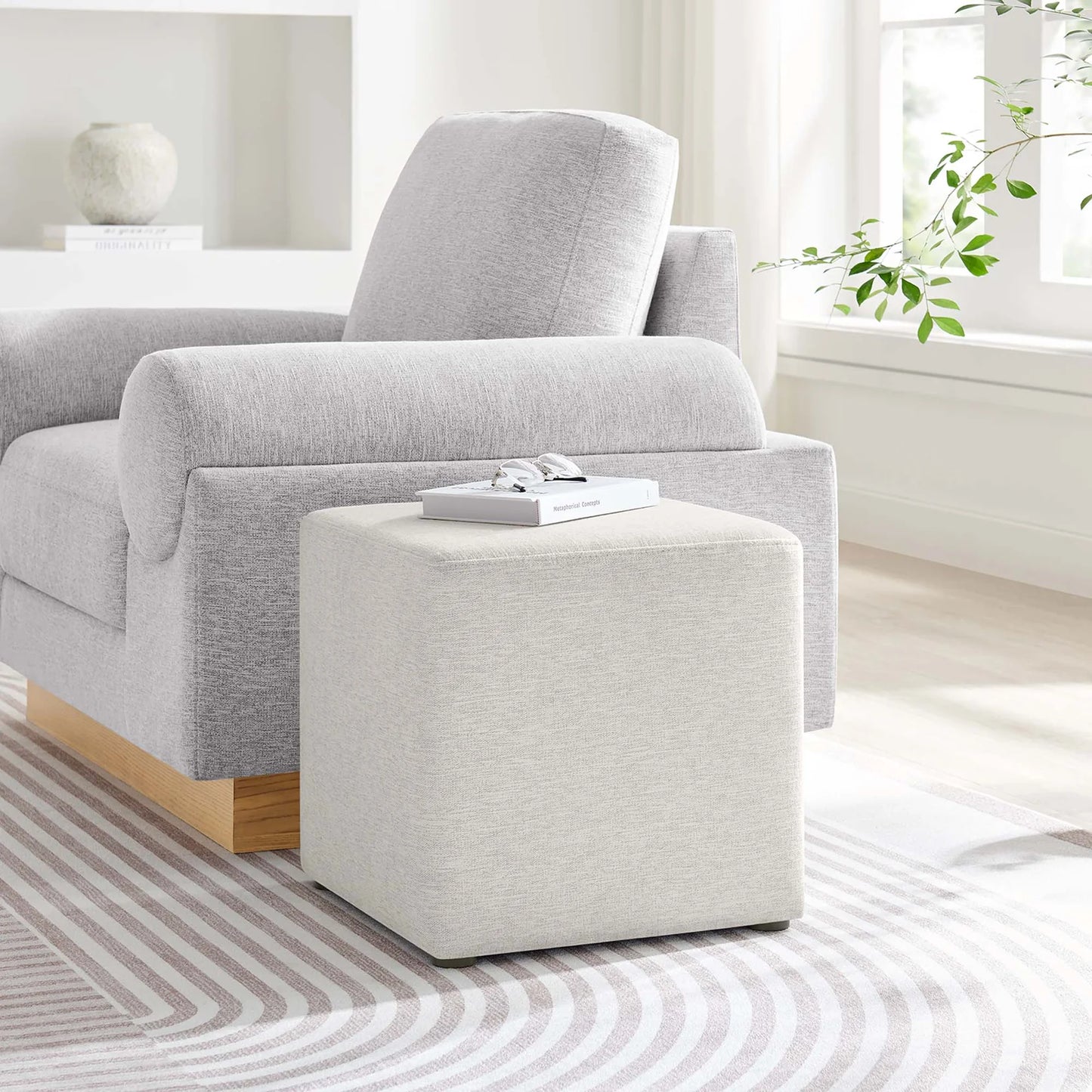 Callum 17" Ottoman with Woven Fabric Dense Foam Padding & Non-Marking Legs β Fully Assembled Modern Furniture Piece