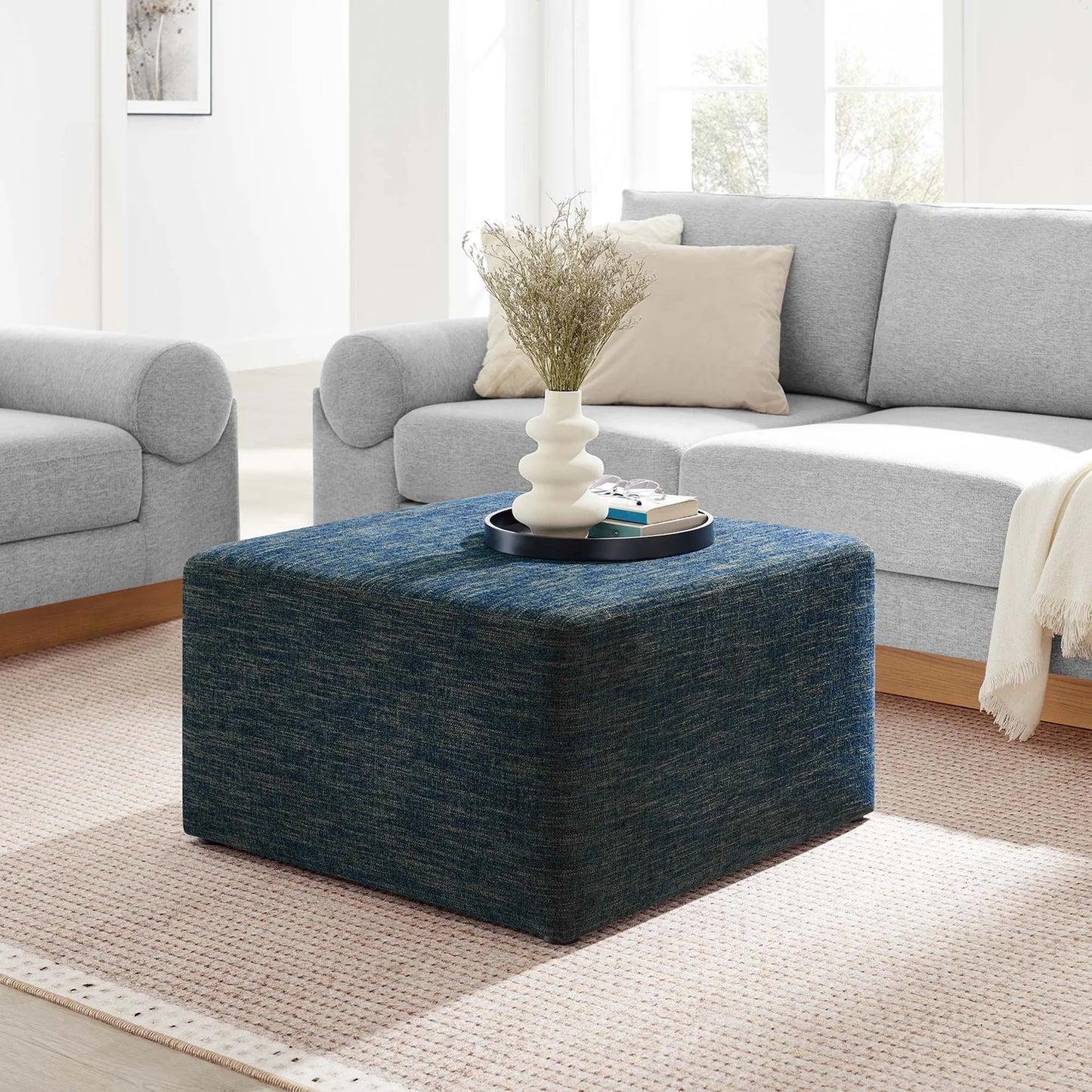 Callum Large 28" Square Woven Heathered Fabric Upholstered Ottoman in Heathered Weave Azure β Stylish and Comfortable Accent Piece for Modern Living Spaces